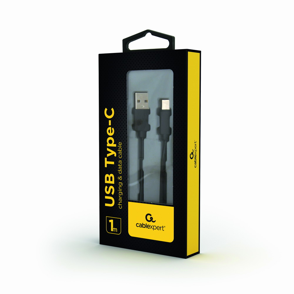 Cavo di ricarica USB Type-C nero in scatola. Include cavo e marchio.