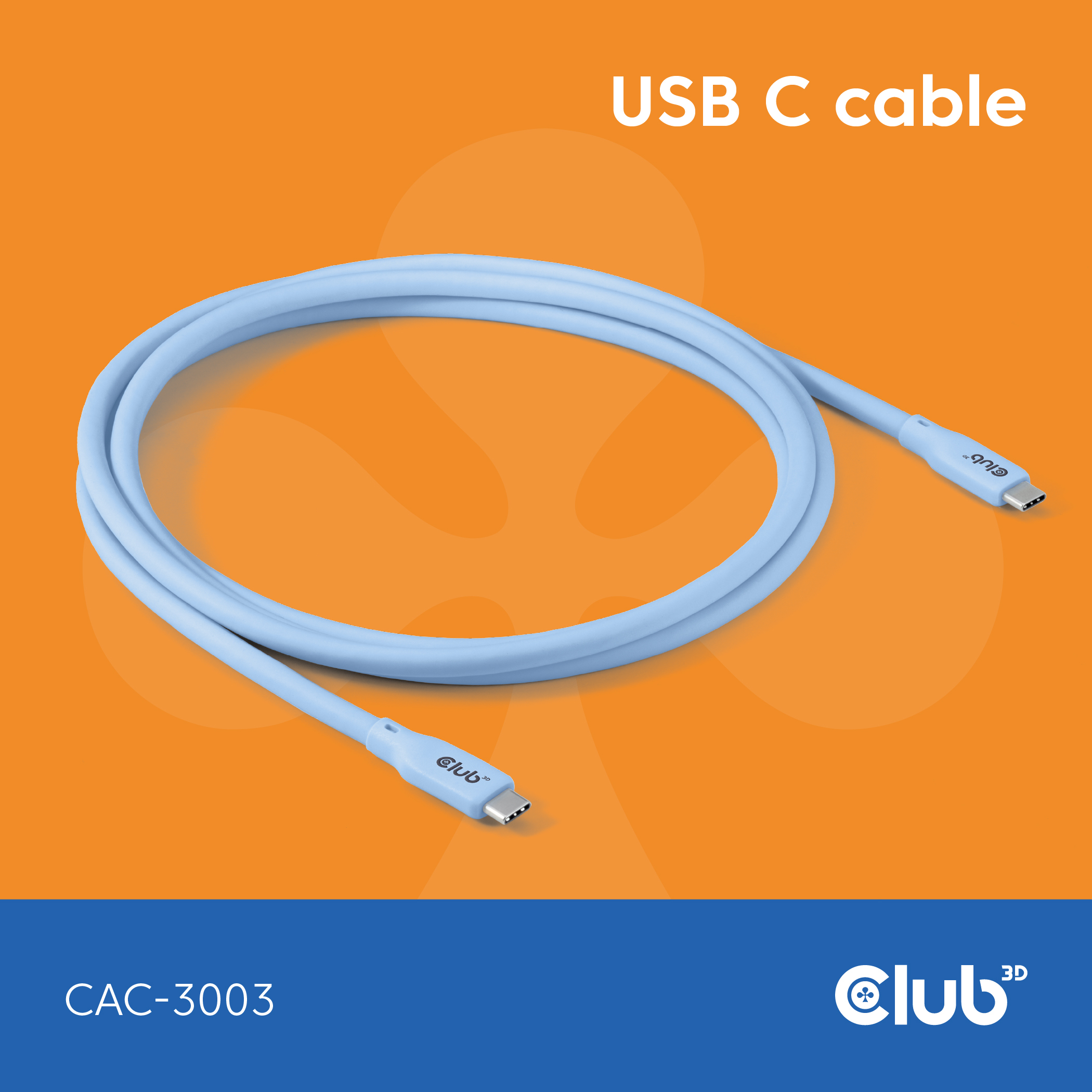 Cavo USB C azzurro su sfondo arancione, con testo 'USB C cable'.