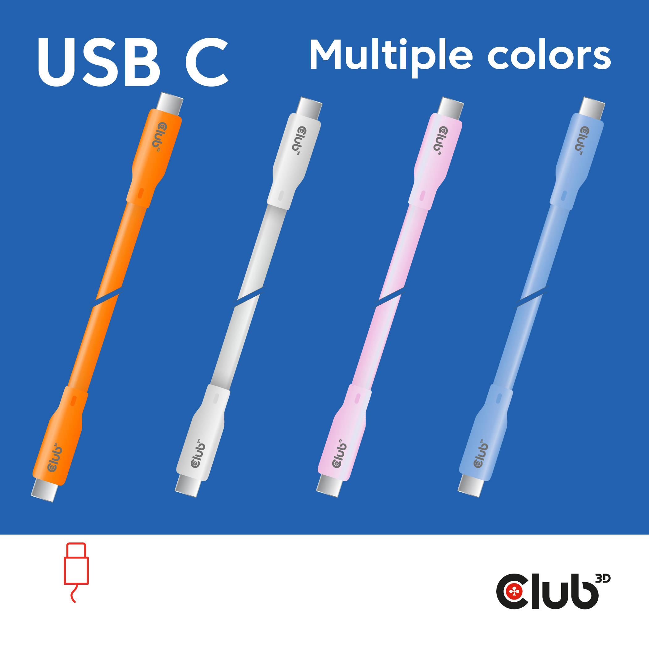 Vier USB-C kabels in verschillende kleuren: oranje, wit, roze en blauw. Blauwe achtergrond.
