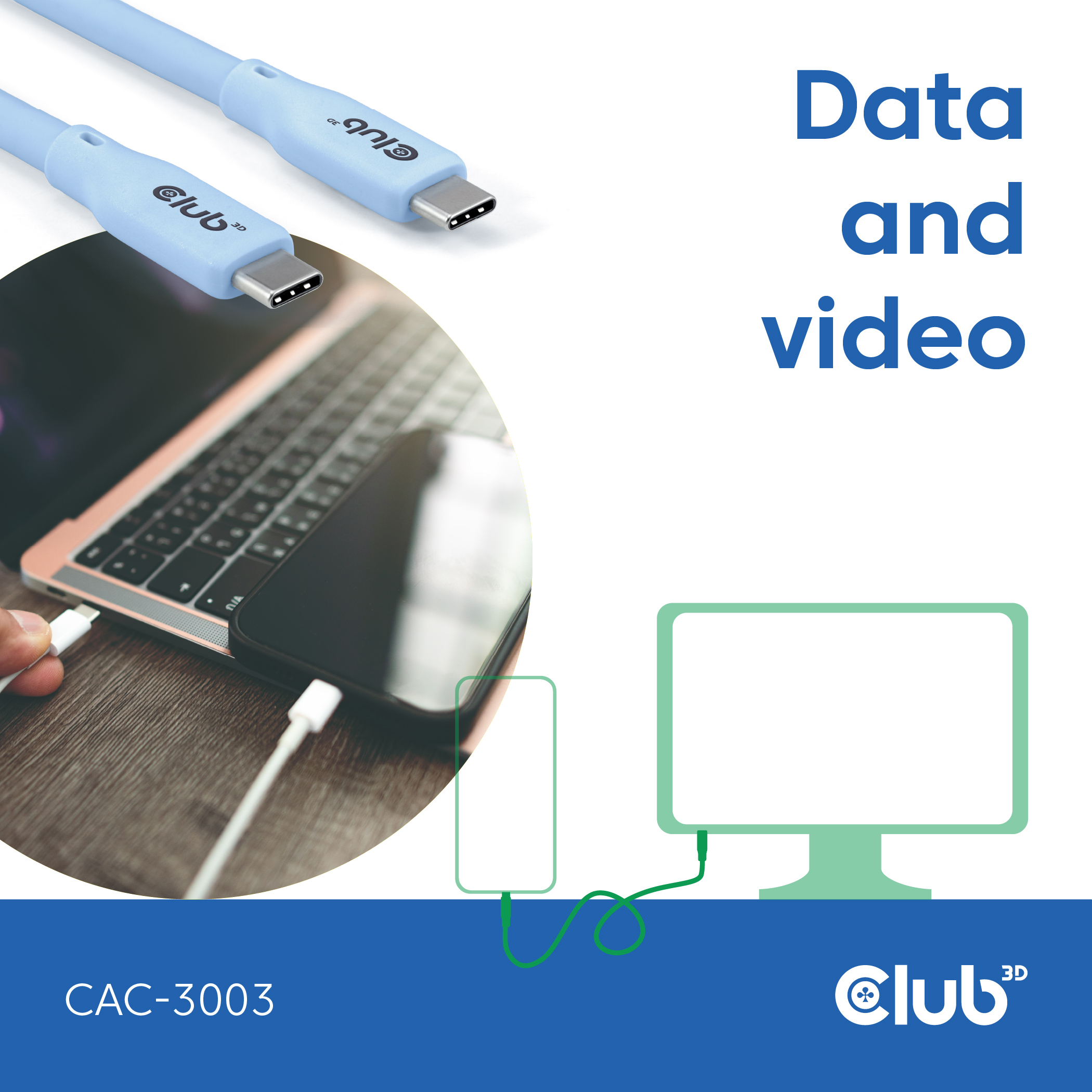 Laptop con cavo USB-C collegato. Testo: Dati e video, e logo.