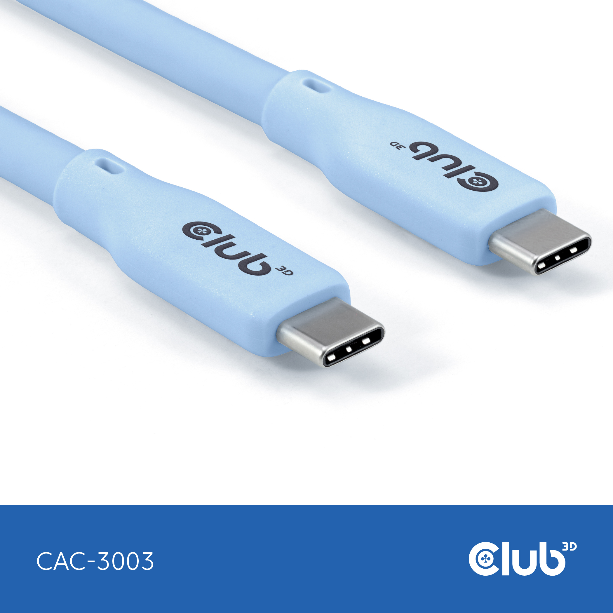 Cavo USB-C azzurro con connettori blu. Sfondo blu.
