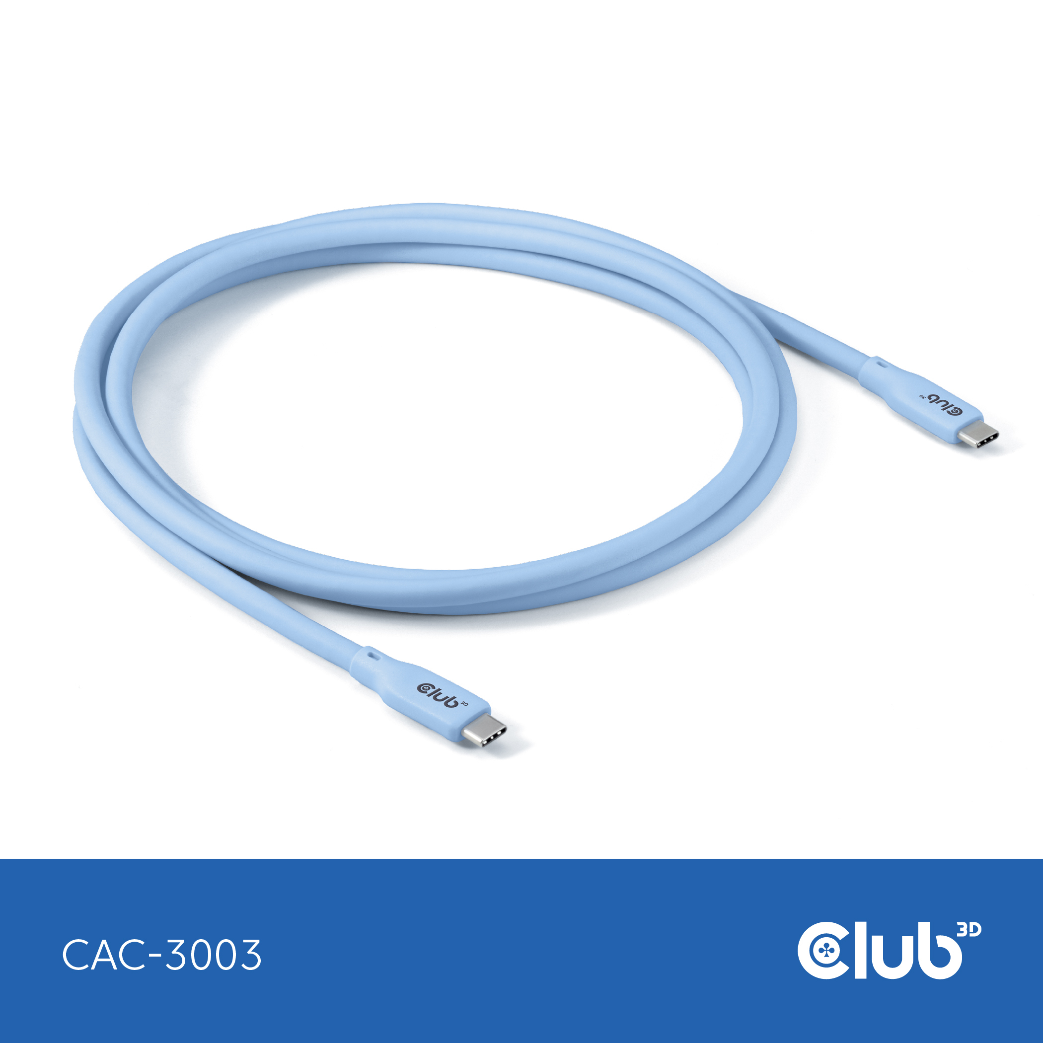 Cavo USB-C blu chiaro arrotolato. Con connettore USB-C su ogni estremità.