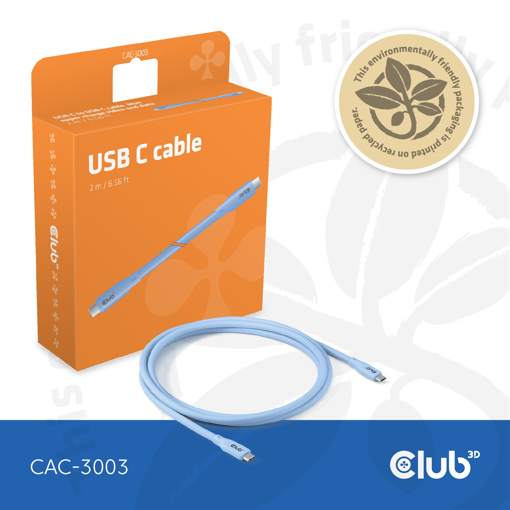 Un cavo USB-C arancione in una scatola azzurra.