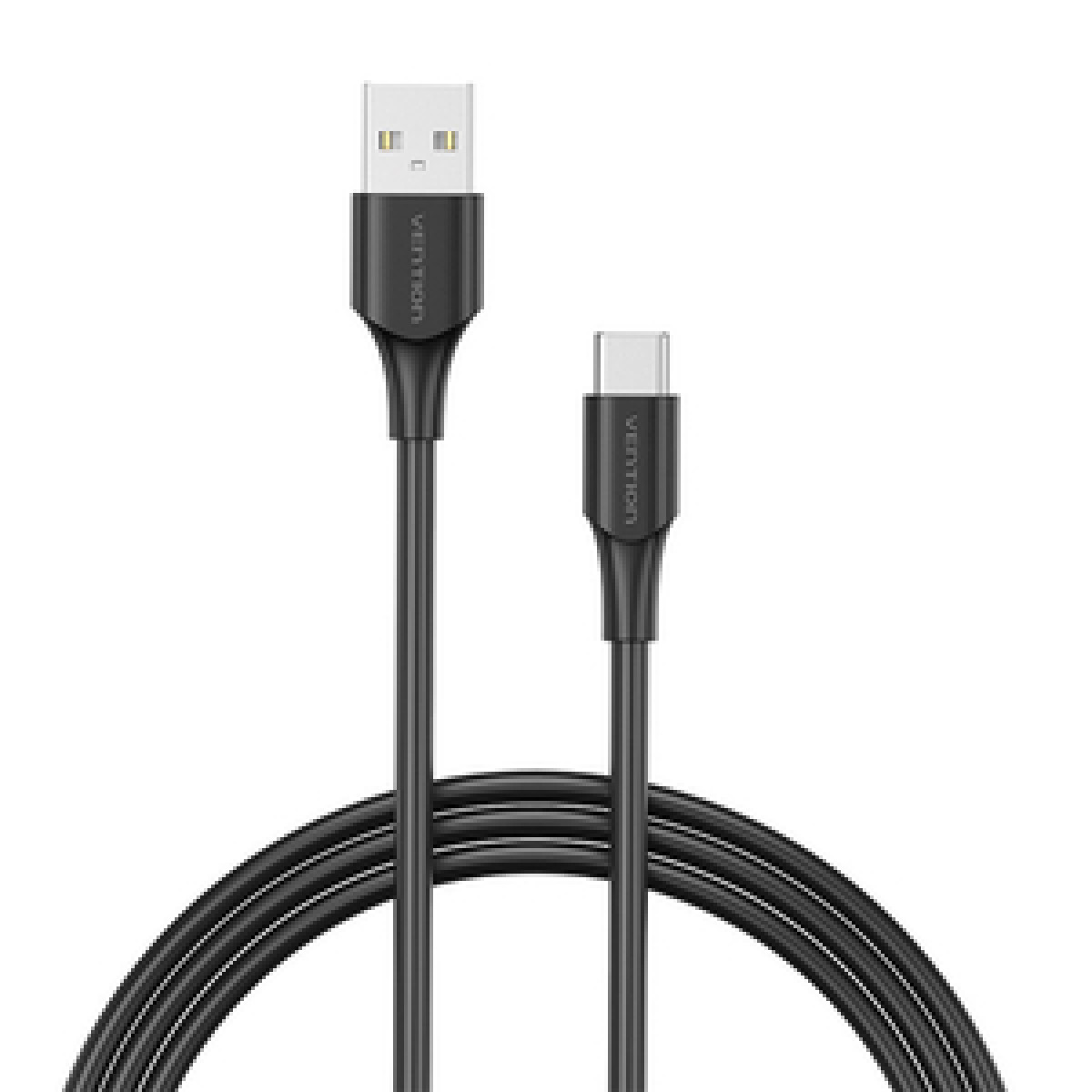Cavo USB a USB-C nero con etichette Vention. Sfondo bianco. Design nero e blu.