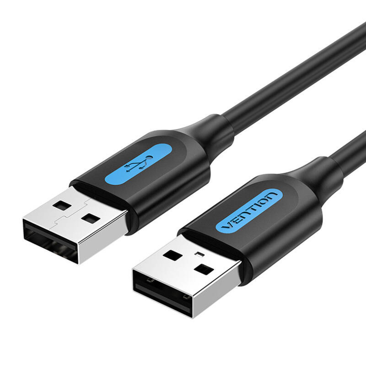 Cavo USB nero con logo VENTION blu. Sfondo bianco.