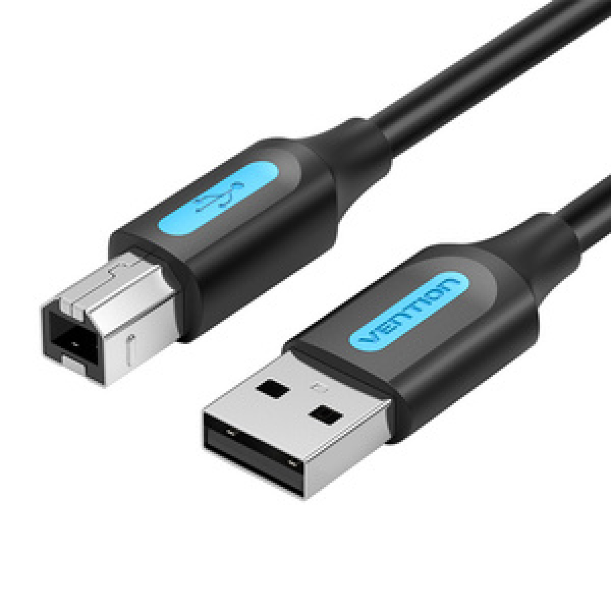 Cavo USB nero con connettori USB e USB-B. Caratterizzato dal marchio e dal logo Vention.