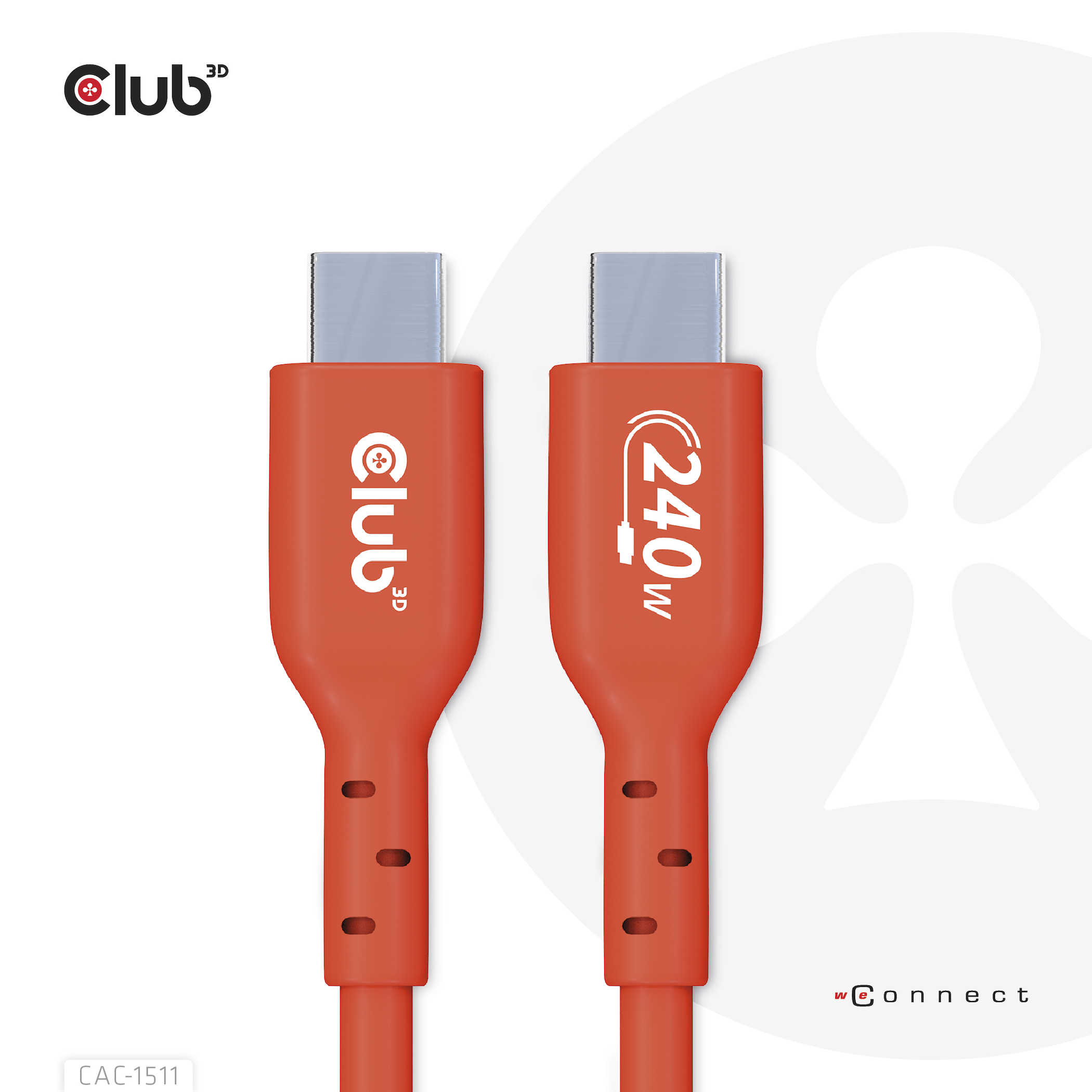 Twee oranje Club 3D USB-C kabels. Witte achtergrond.