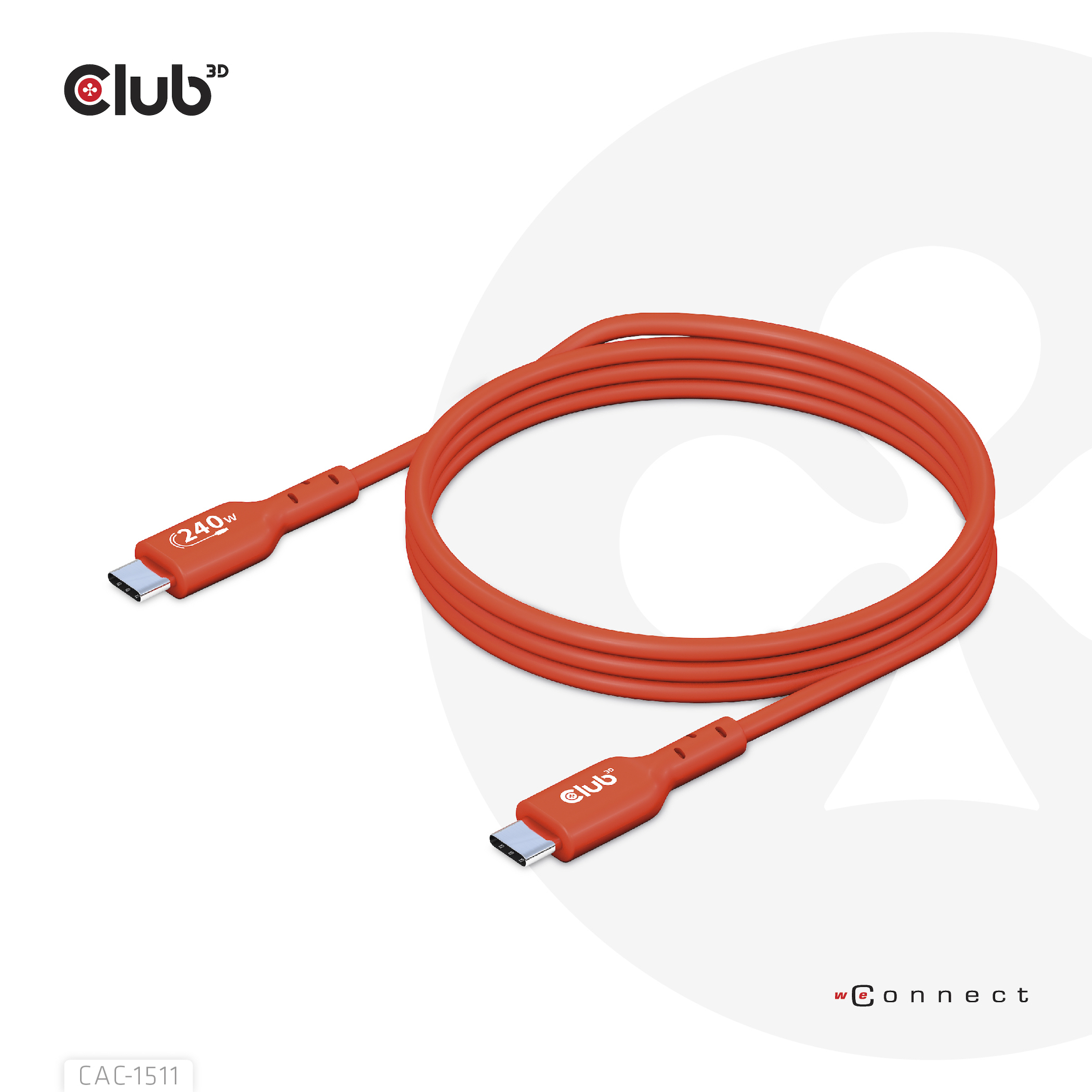 Oranje USB-C kabel, opgerold. Club3D logo zichtbaar, witte achtergrond.