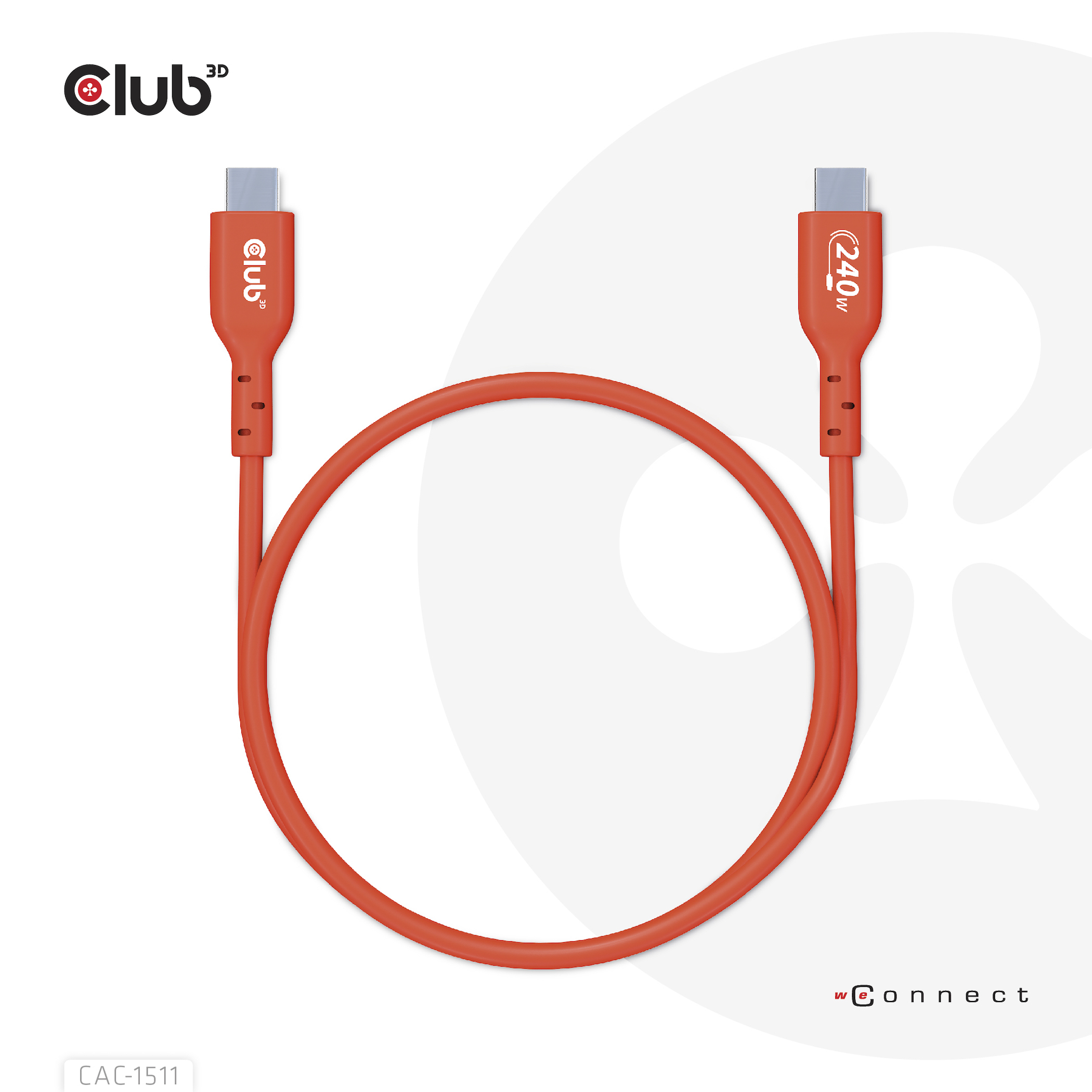 Oranje USB-C-kabel in een cirkelvorm. Witte achtergrond. De tekst '240W' is zichtbaar.