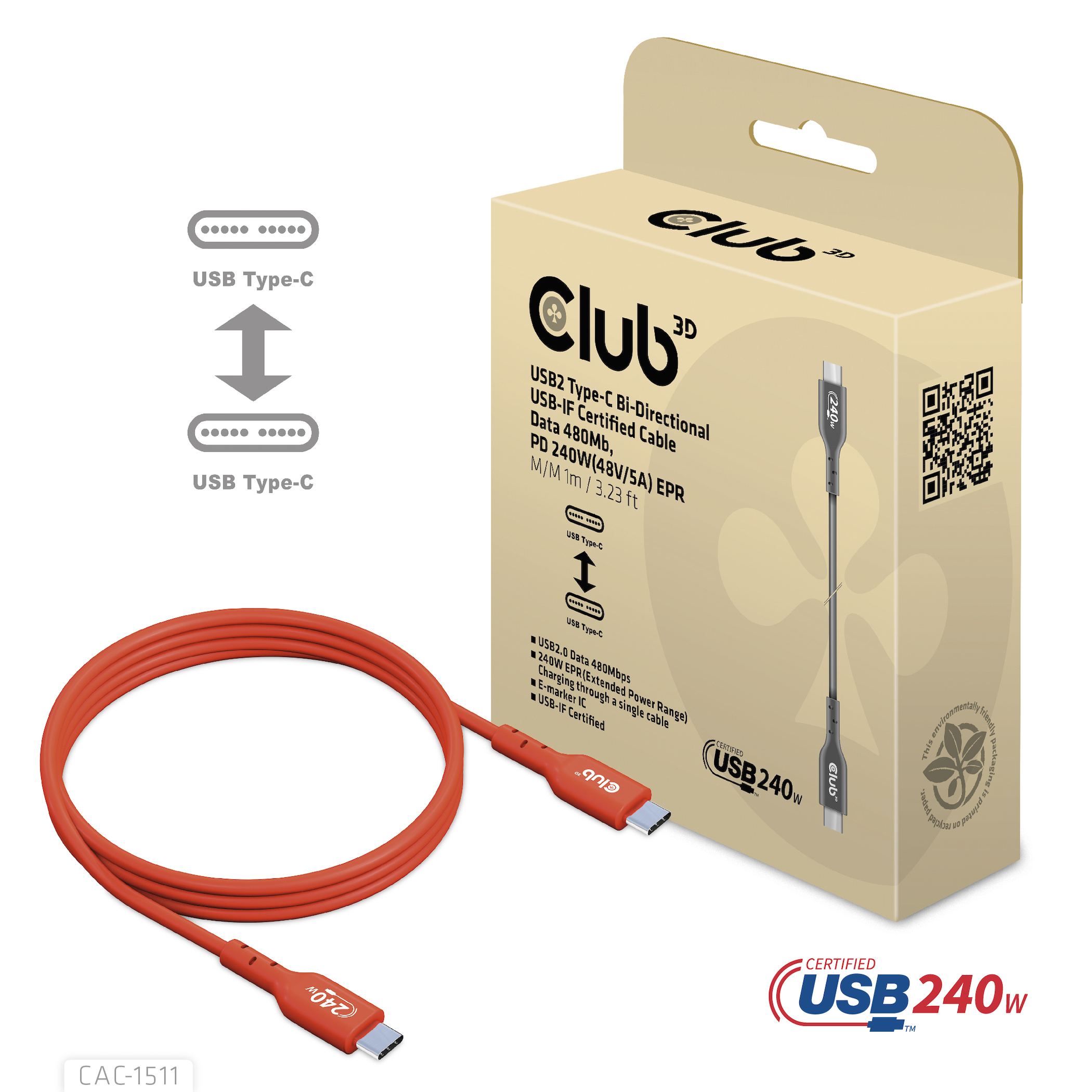 Doos met een rode USB-C kabel en technische details. Witte achtergrond.
