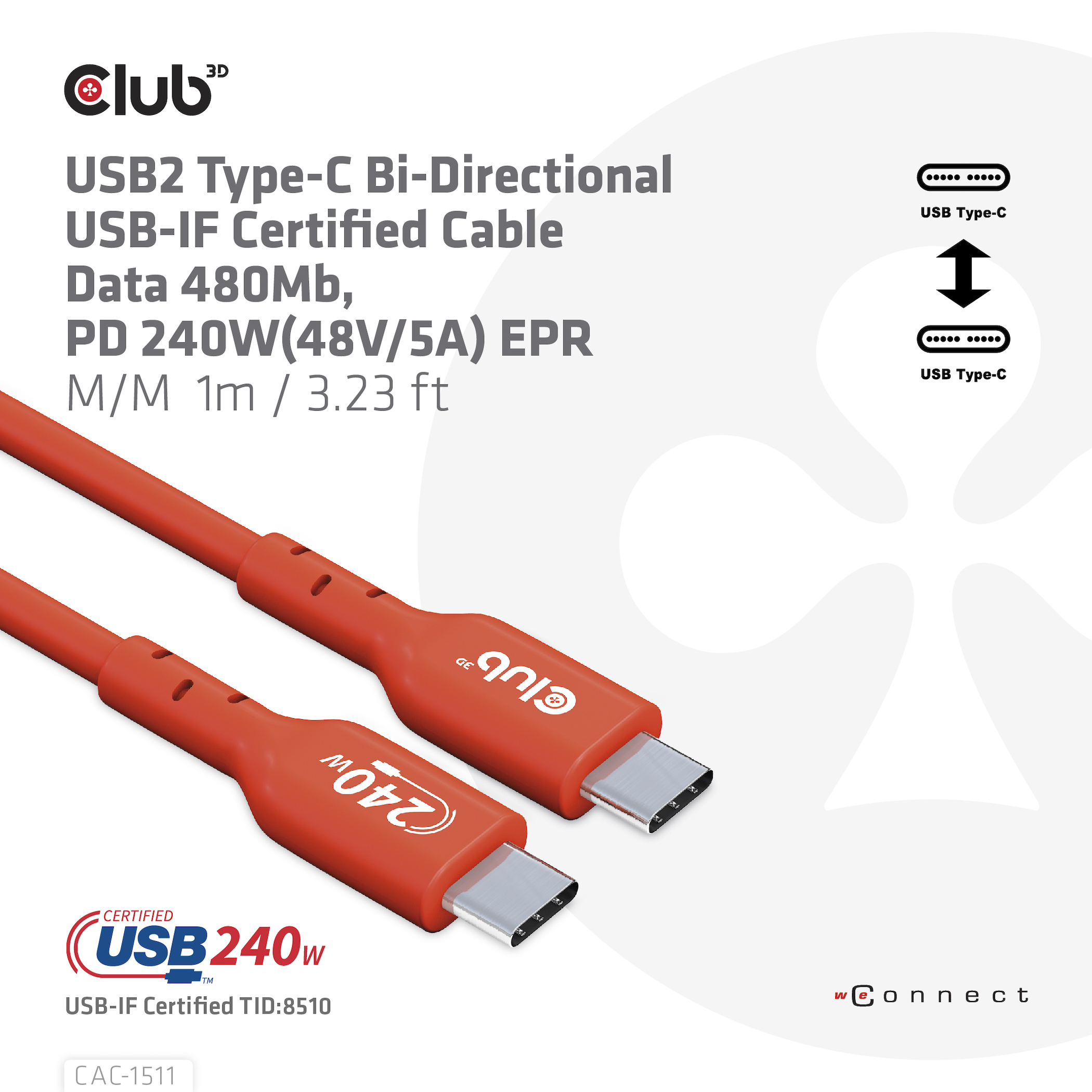 Oranje USB-C-kabel, merk Club 3D, witte achtergrond.