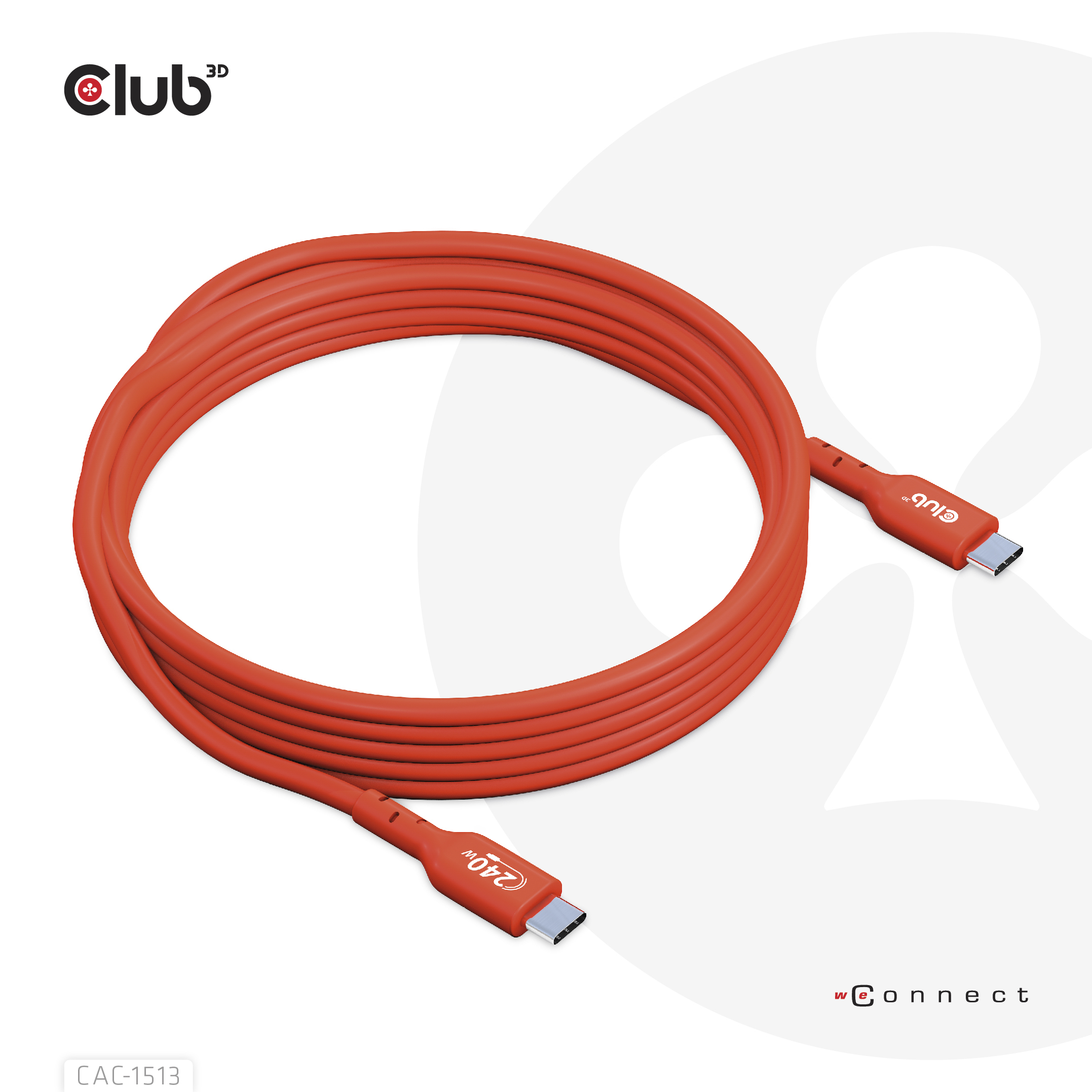 Cavo USB-C arancione con marchio Club3D su sfondo bianco. Primo piano.