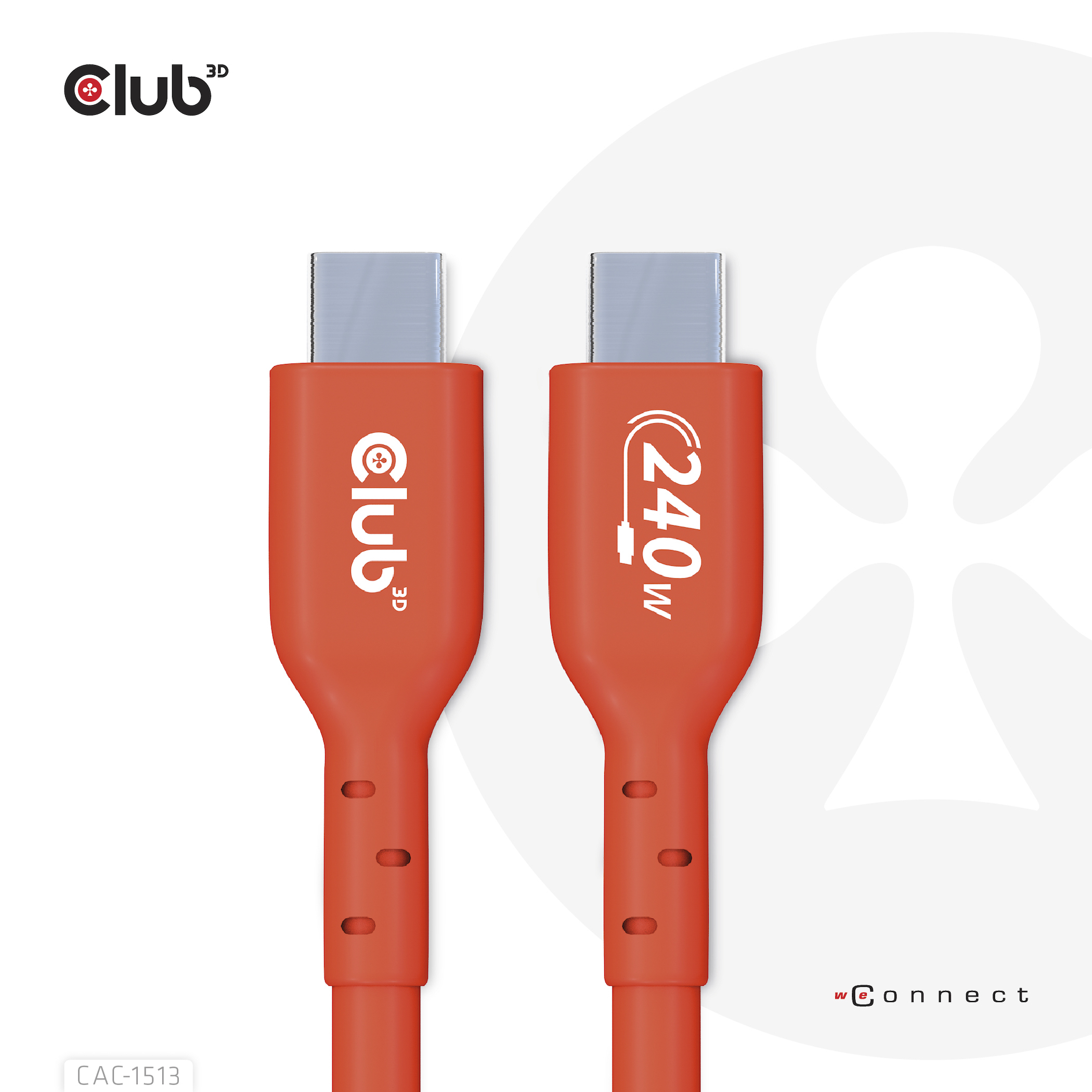 Cavi USB-C arancioni. L'etichetta Club 3D è visibile. Sfondo bianco.