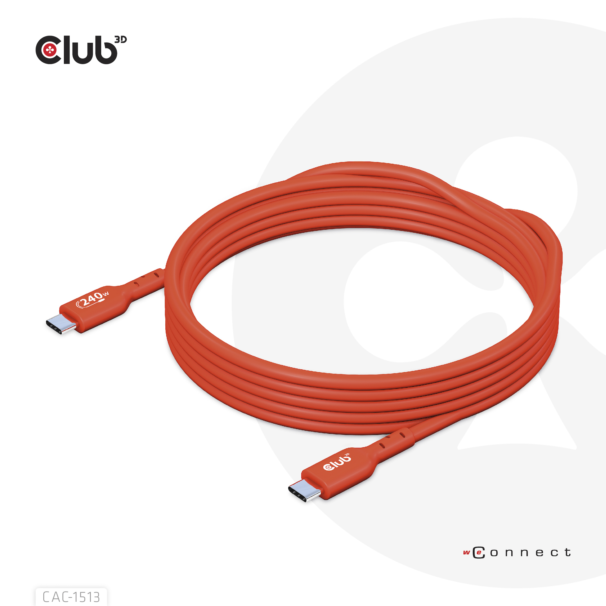 Cavo USB-C arancione, etichettato Club, arrotolato, su superficie bianca e grigia.