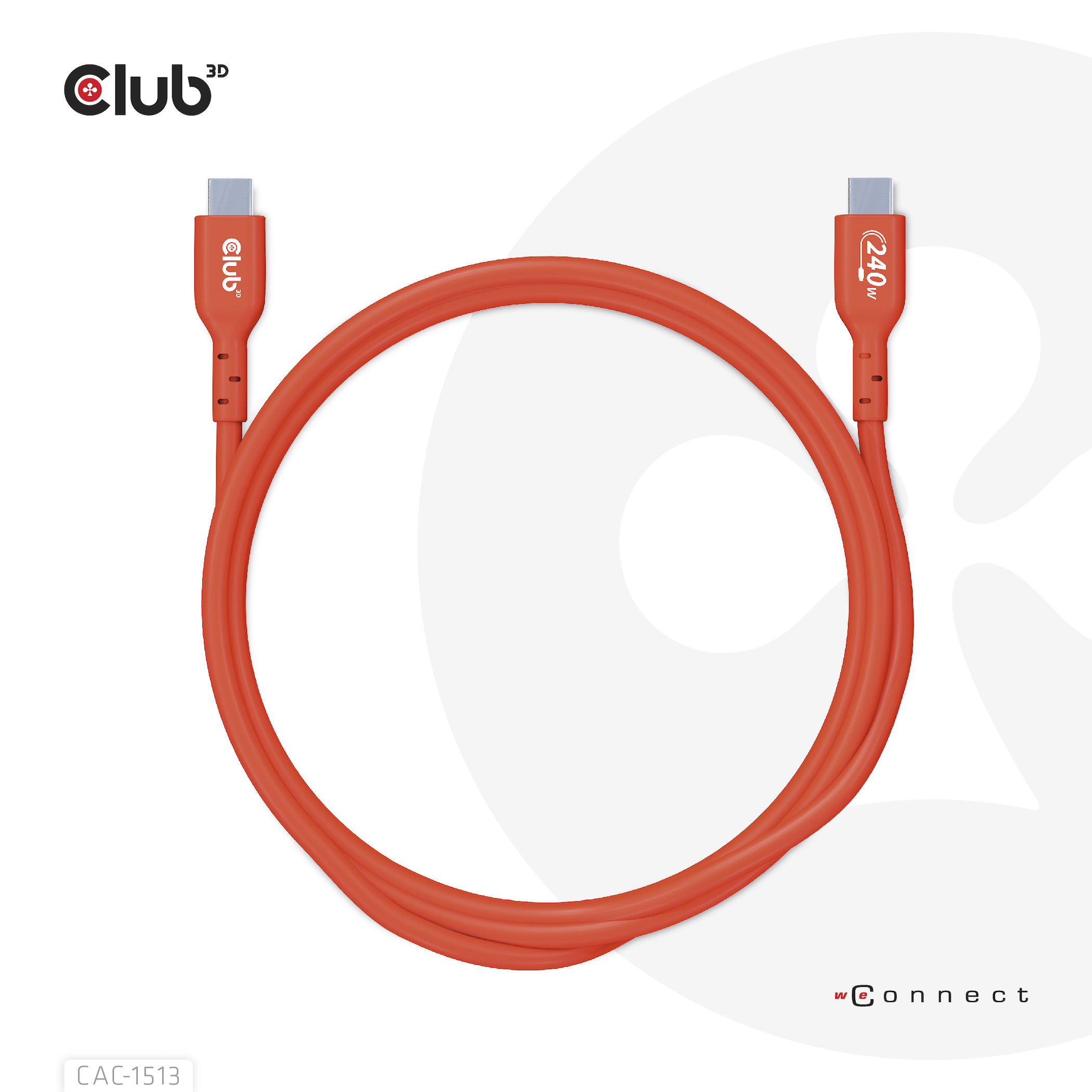 Cavo USB-C arancione a forma di cerchio. Sfondo bianco. Il testo '240W' è visibile.