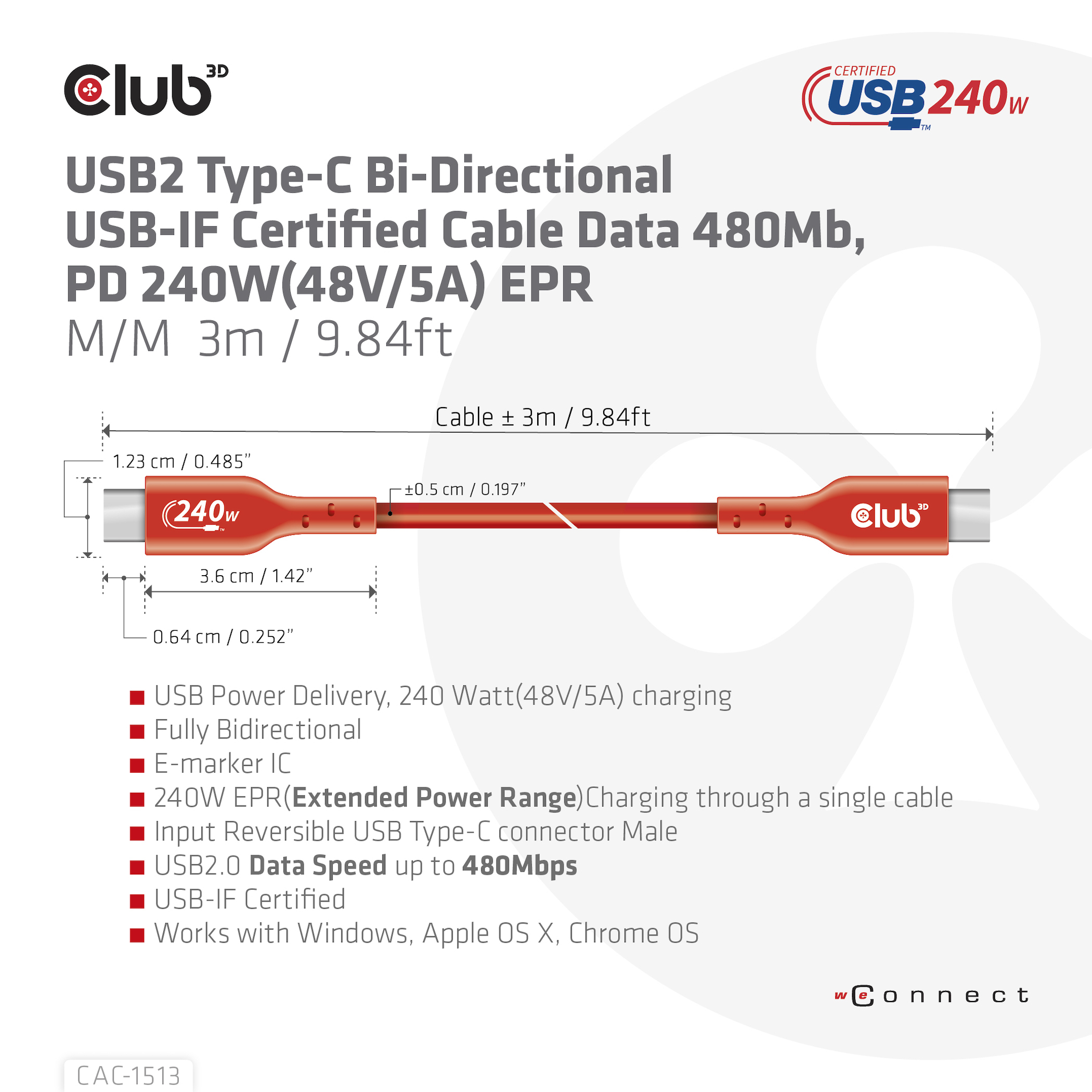 Infografica con cavo USB-C rosso e specifiche tecniche. Sfondo bianco.