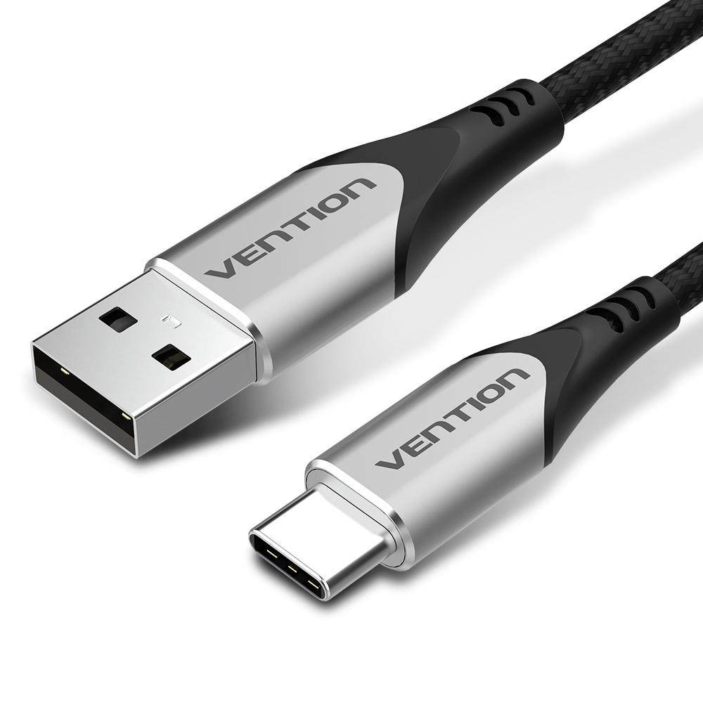 Cavo da USB-A a USB-C nero e argento con logo Vention.