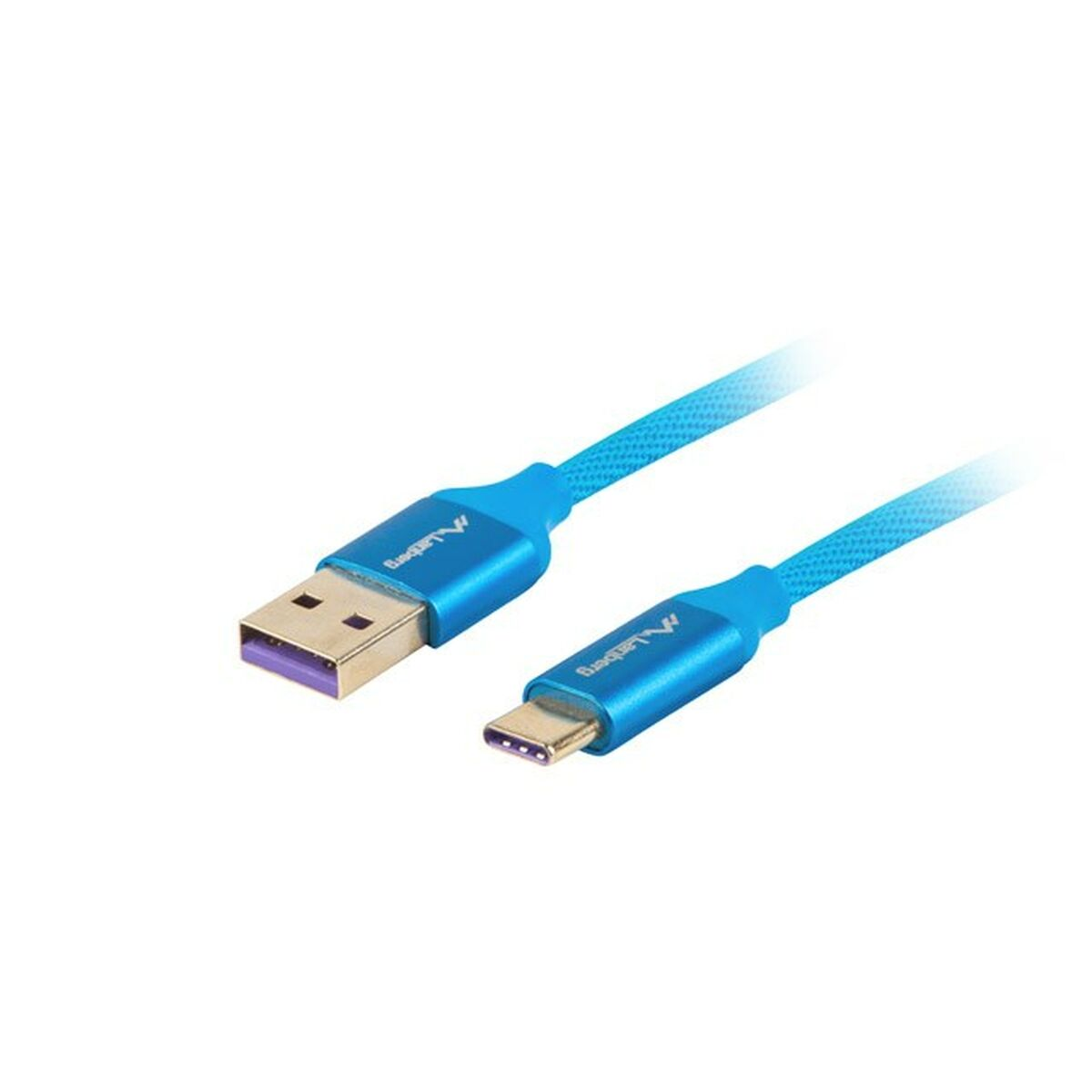 Cavo da USB a USB-C blu, sfondo bianco.