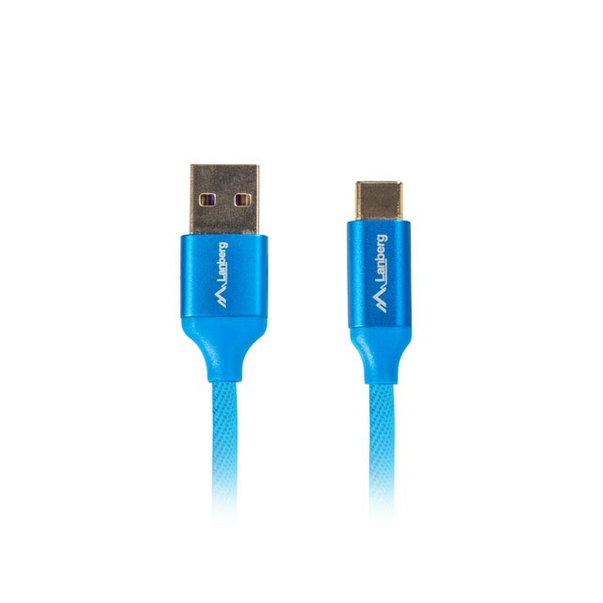Cavo da USB-A a USB-C blu con logo Lanberg. Sfondo bianco.