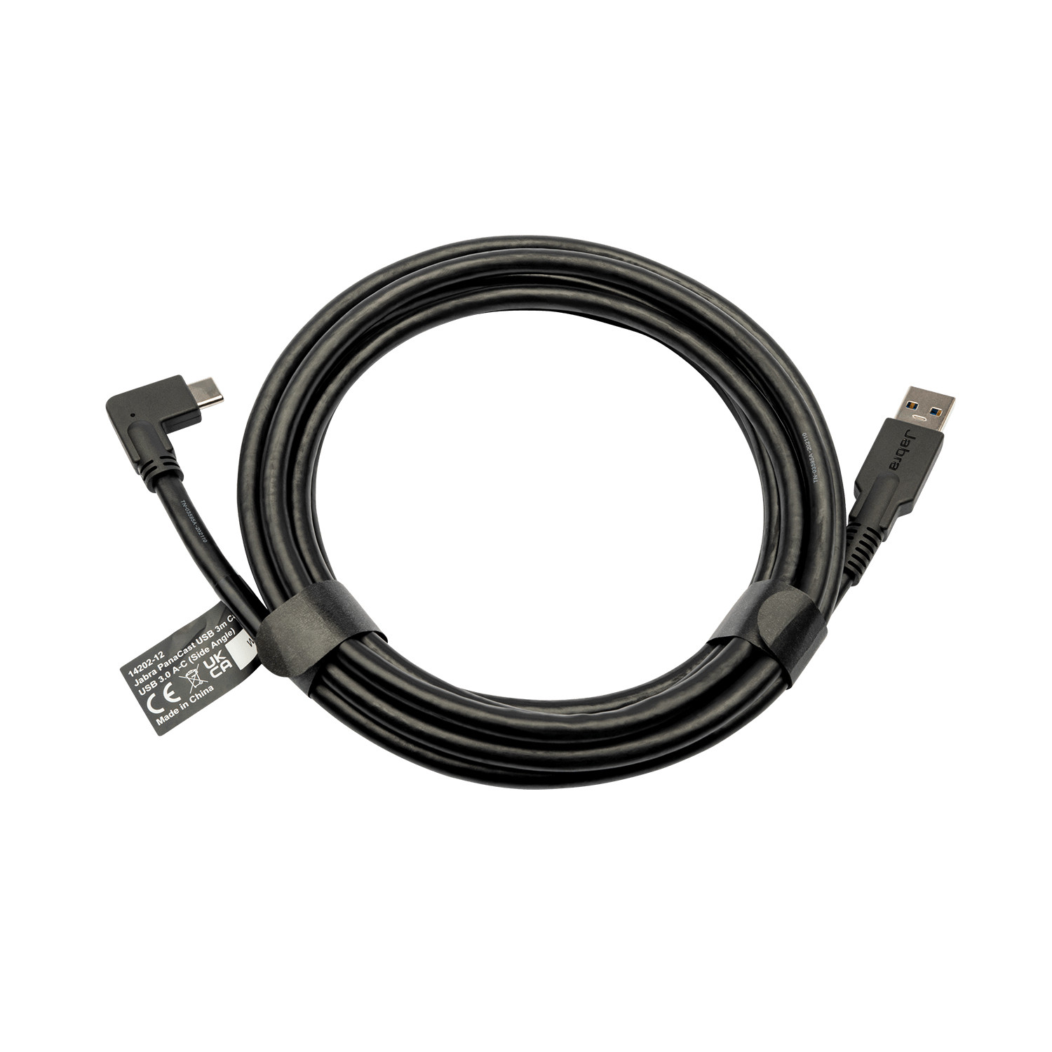 Black USB-C cable with a right angle connector and a USB-A connector.