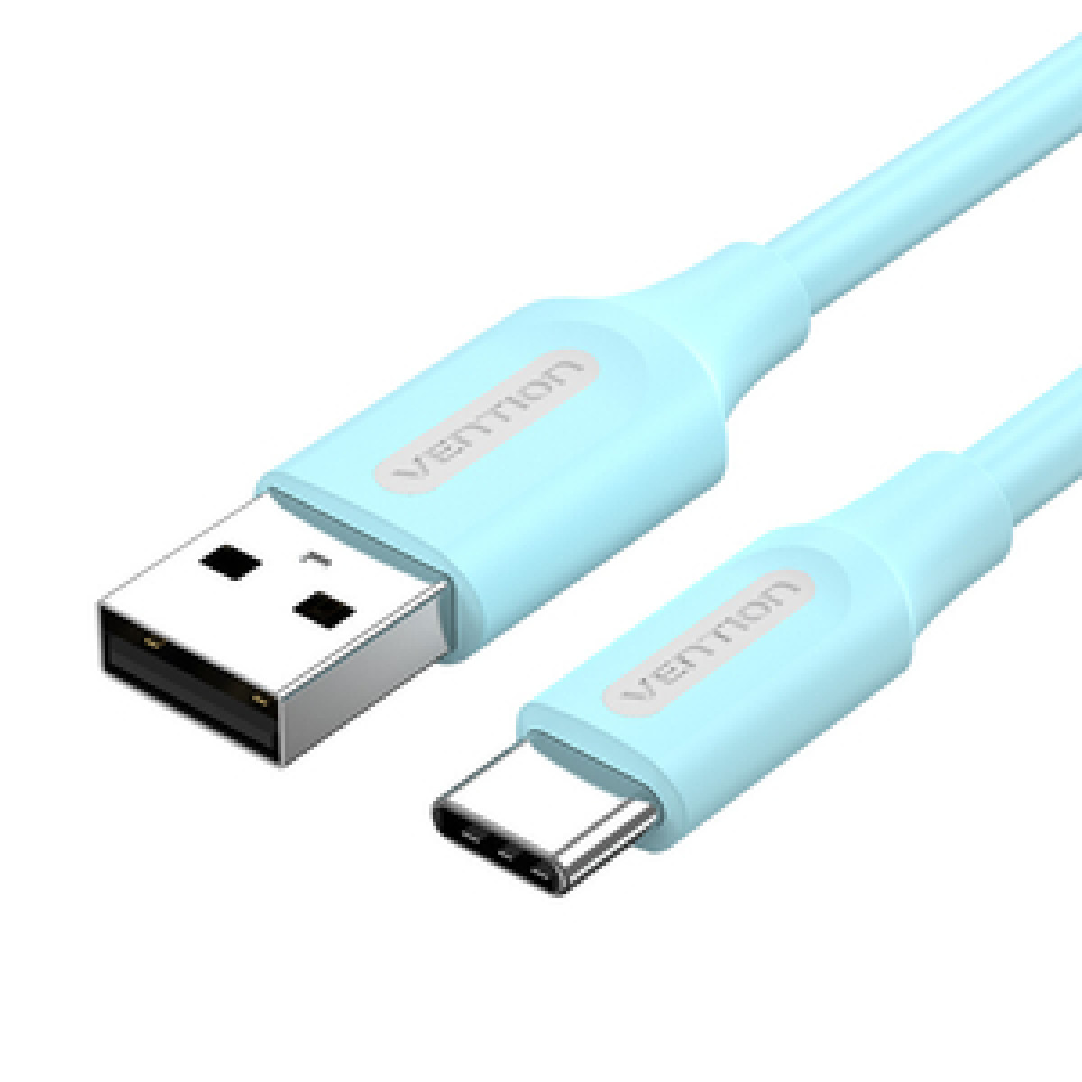 Cavo da USB-A a USB-C blu con logo VENTION. Sfondo bianco.