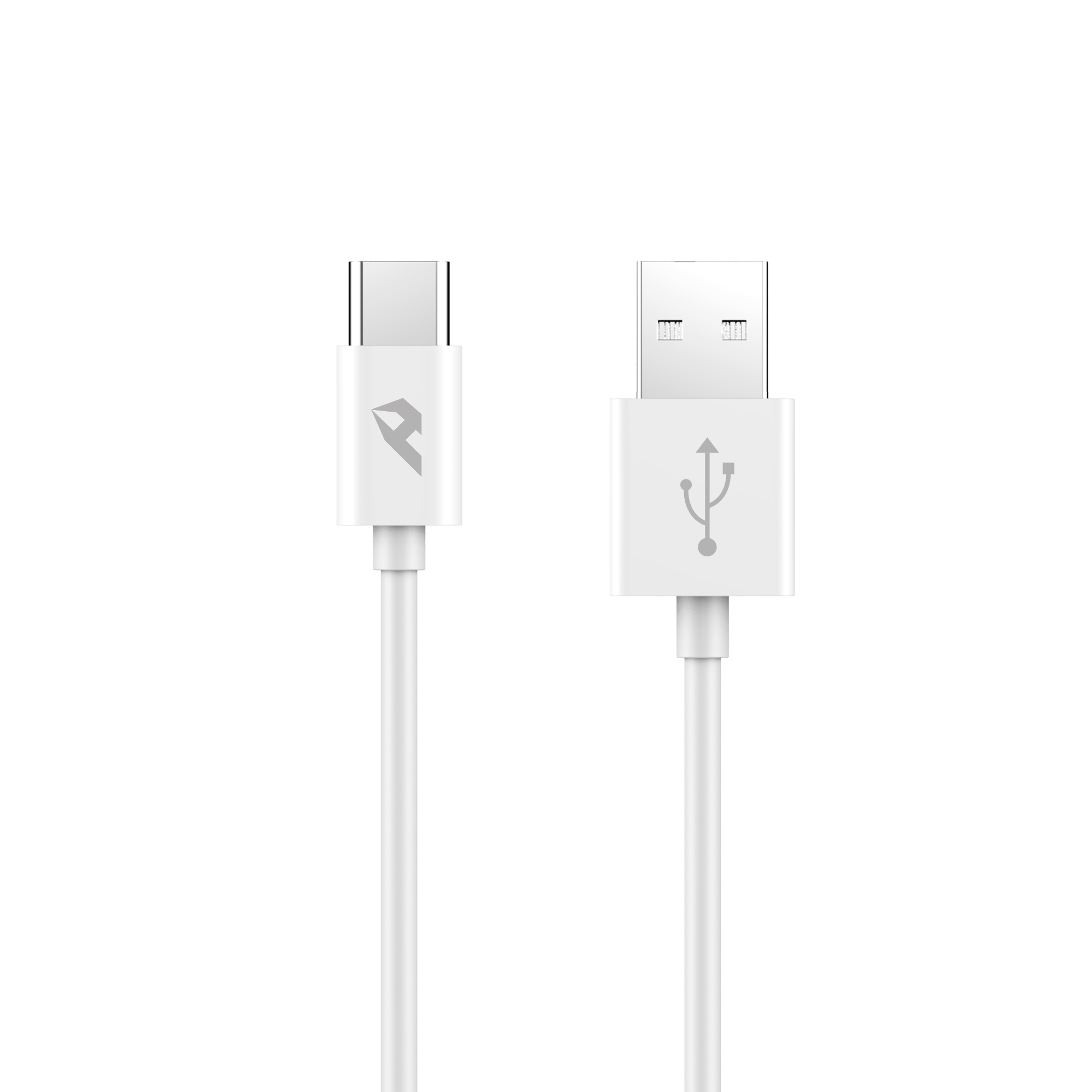 Cavo USB bianco. Un'estremità è USB-C, l'altra USB-A. Entrambi hanno il logo.