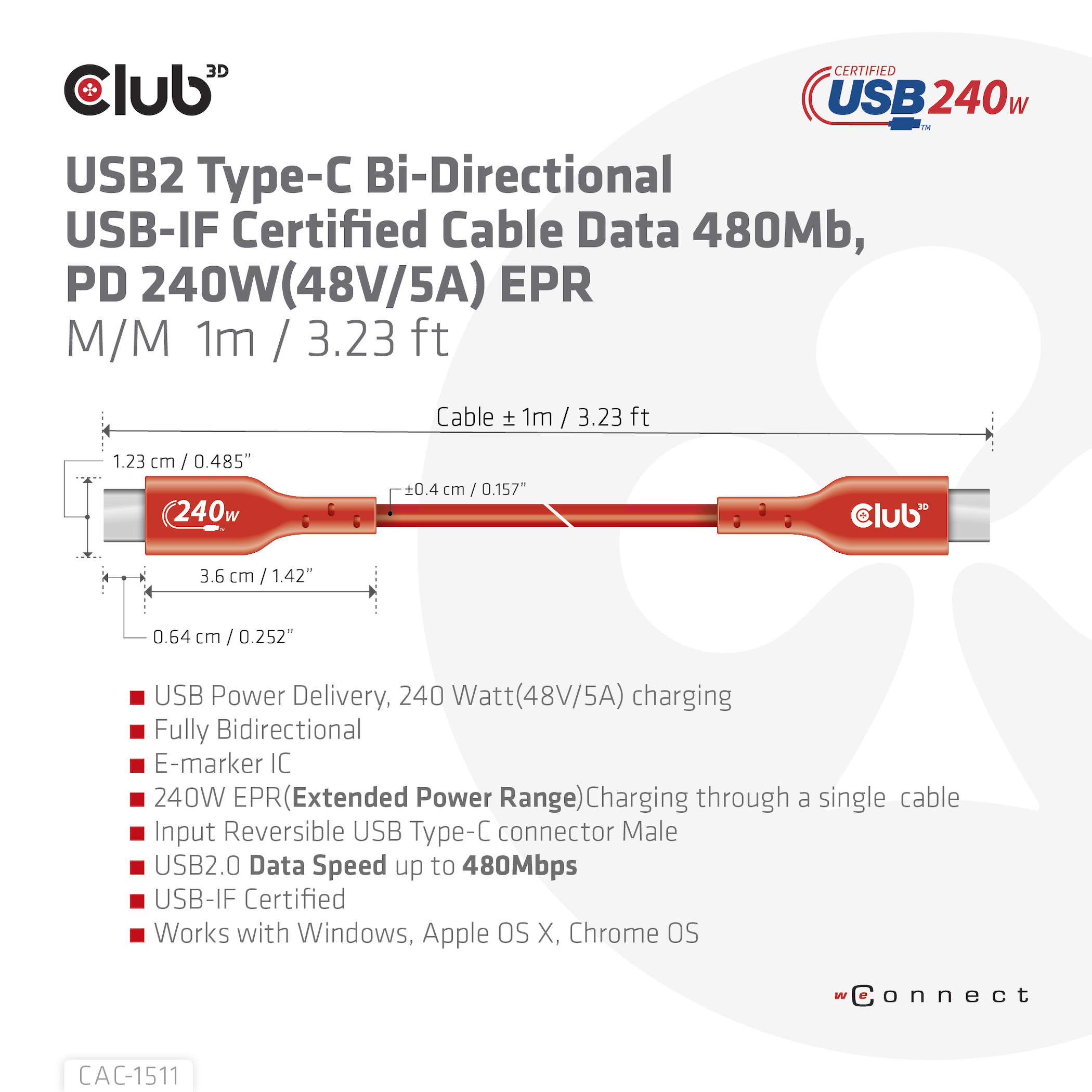 USB-C kabelschema met afmetingen, rode kabel, witte achtergrond en Club3D-logo.
