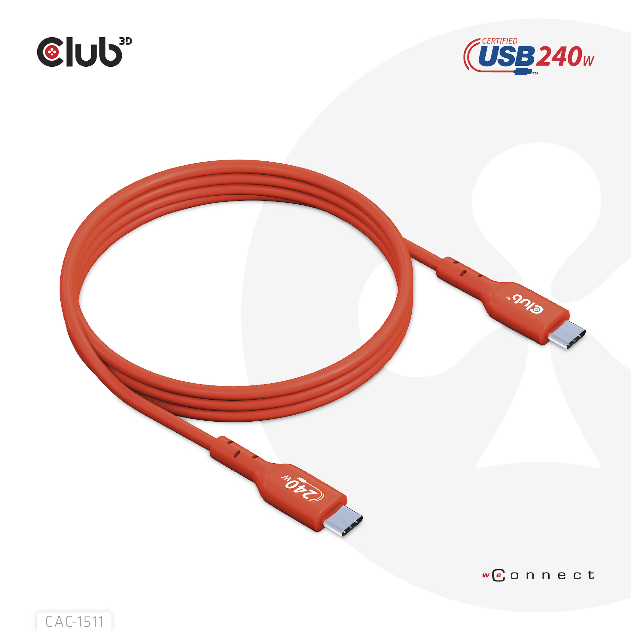 Oranje USB-C kabel opgerold. Club 3D logo. Witte achtergrond.