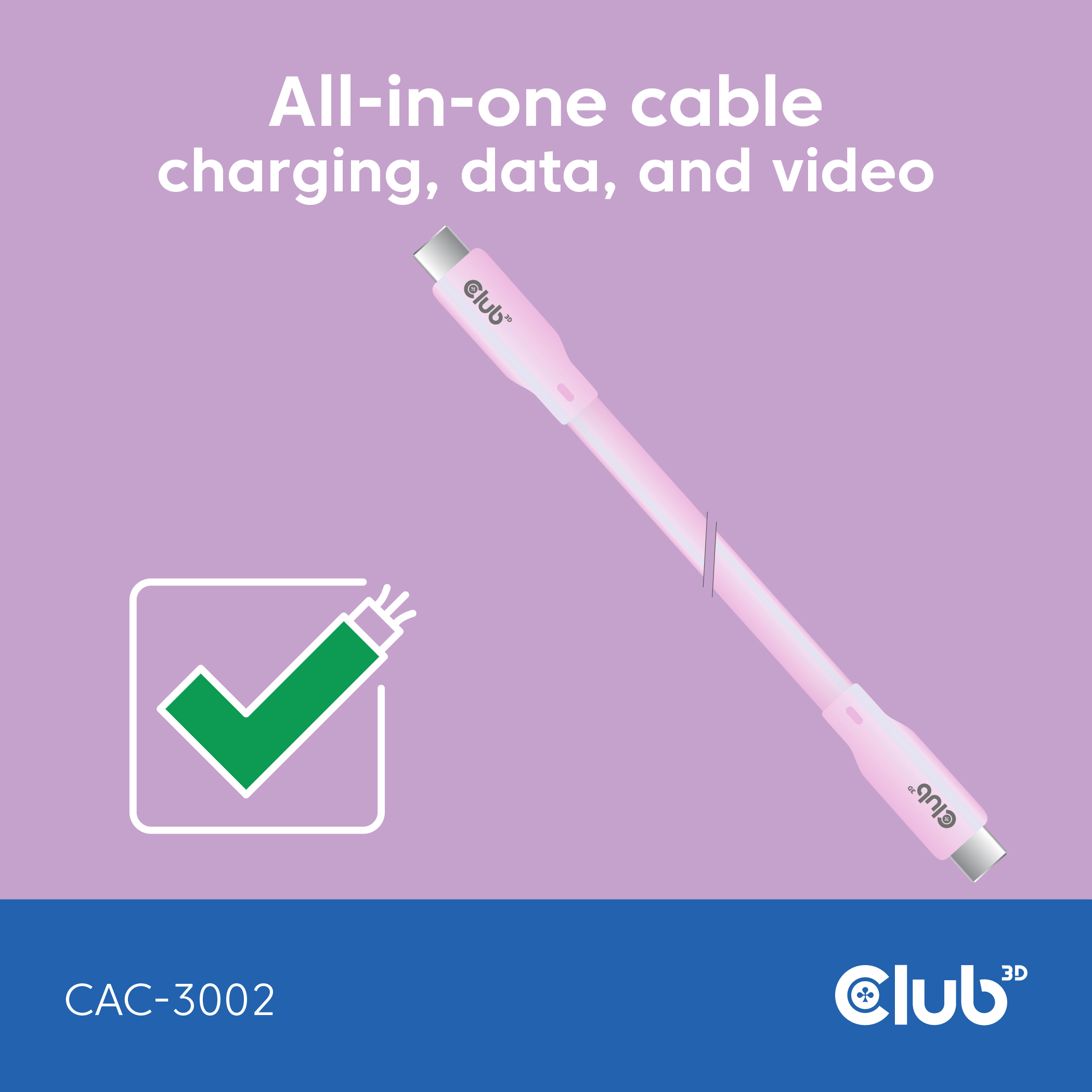 Un cavo USB-C rosa è mostrato con un'icona di spunta verde. Il cavo è in diagonale su uno sfondo lavanda.