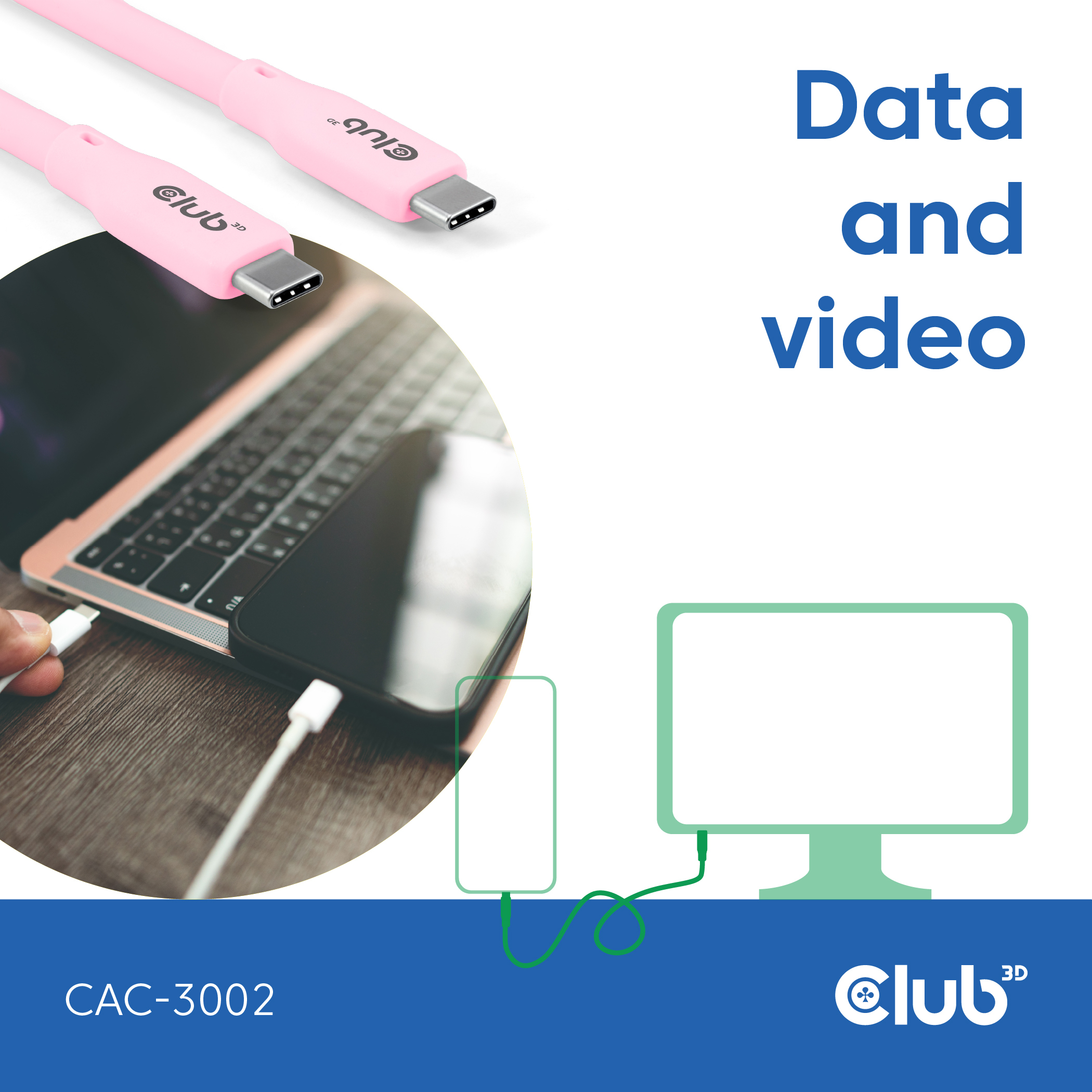 Laptop e monitor collegati con cavi USB-C rosa. Sfondo bianco.