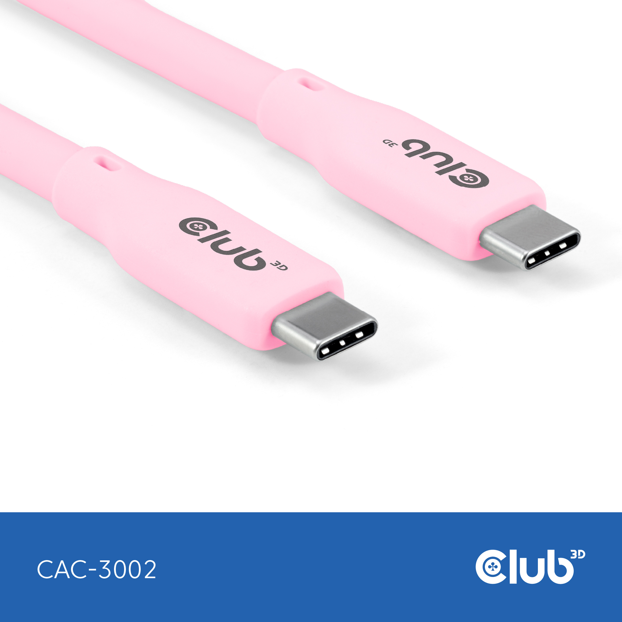 Cavi USB-C rosa con logo Club 3D. Sfondo blu.