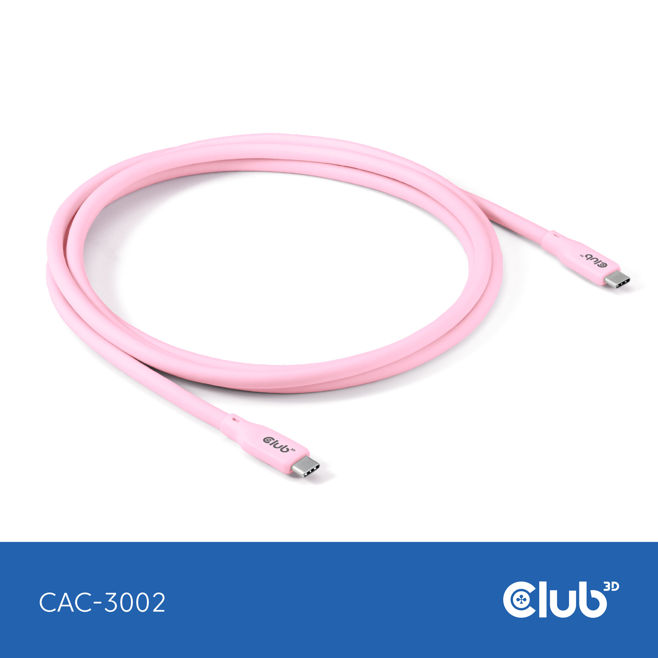 Cavo USB-C rosa arrotolato su una superficie bianca. Il marchio Club 3D è visibile.