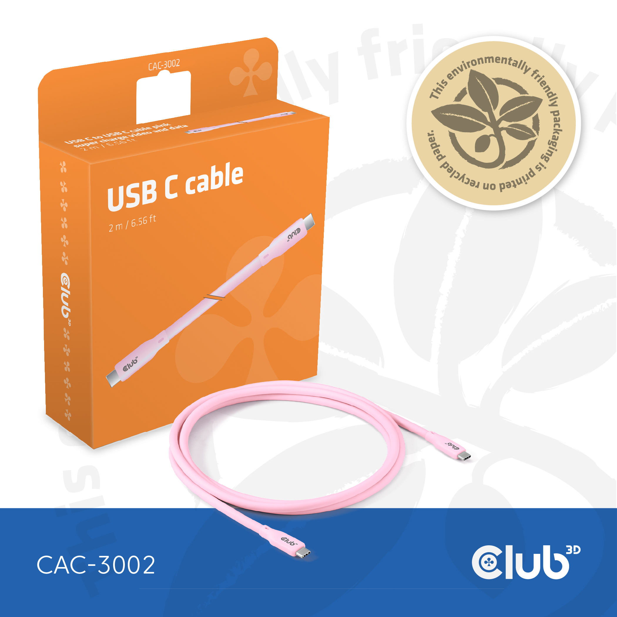 Cavo USB-C rosa e scatola. La scatola dice 'USB C cable' ed è arancione.
