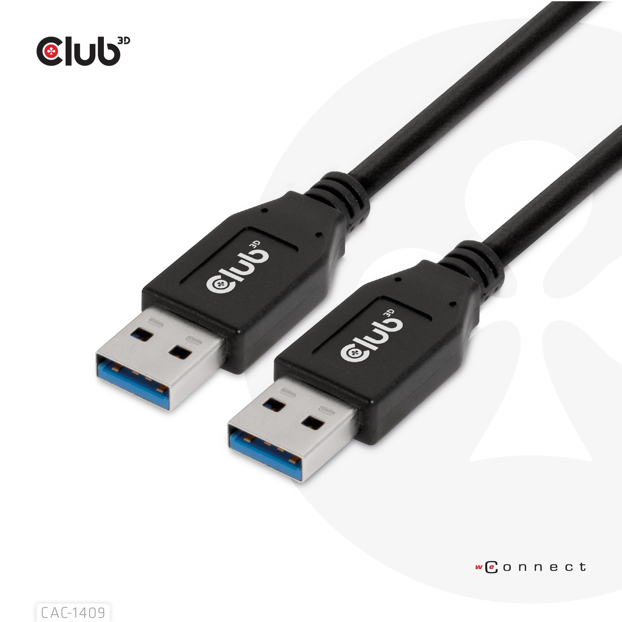 Cavo da USB-A a USB-A nero. Logo Club3D visibile. Su sfondo bianco.