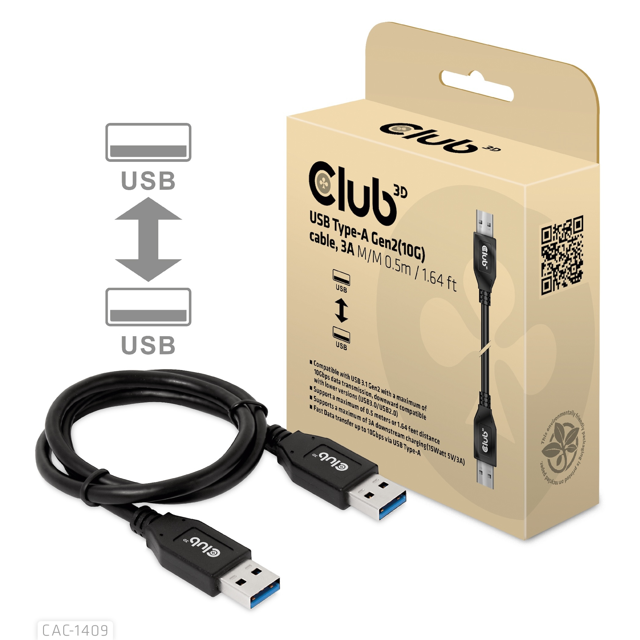 Un cavo USB nero con un connettore USB-A blu, collegato a una scatola con un'icona USB e un rocchetto di cavo.