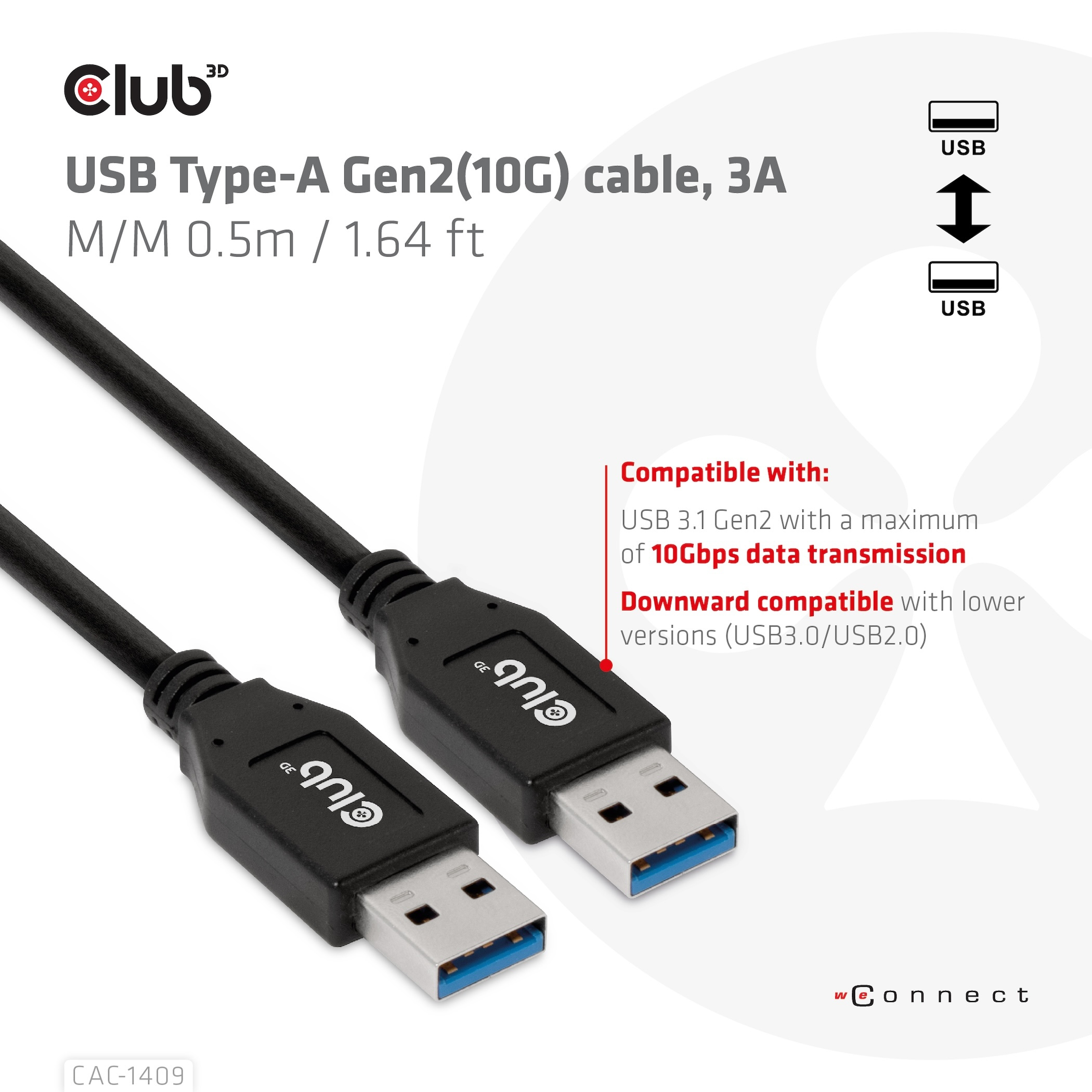 Cavo USB nero con connettori USB Type-A Gen2(10G), testo e loghi, su sfondo bianco.
