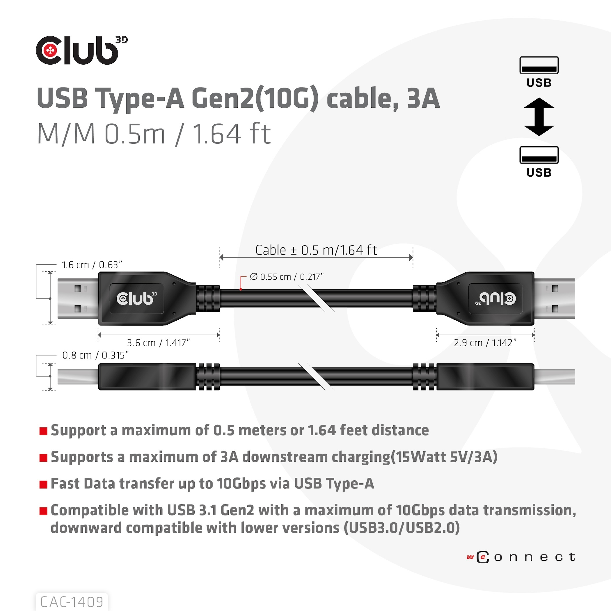 Diagramma di un cavo USB Type-A nero con misure e testo sul trasferimento dati.