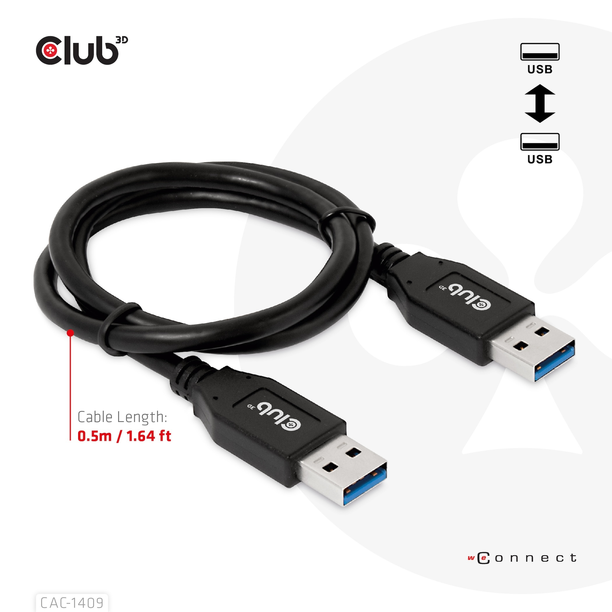 Cavo USB nero arrotolato su sfondo bianco, con dettagli USB e lunghezza cavo.