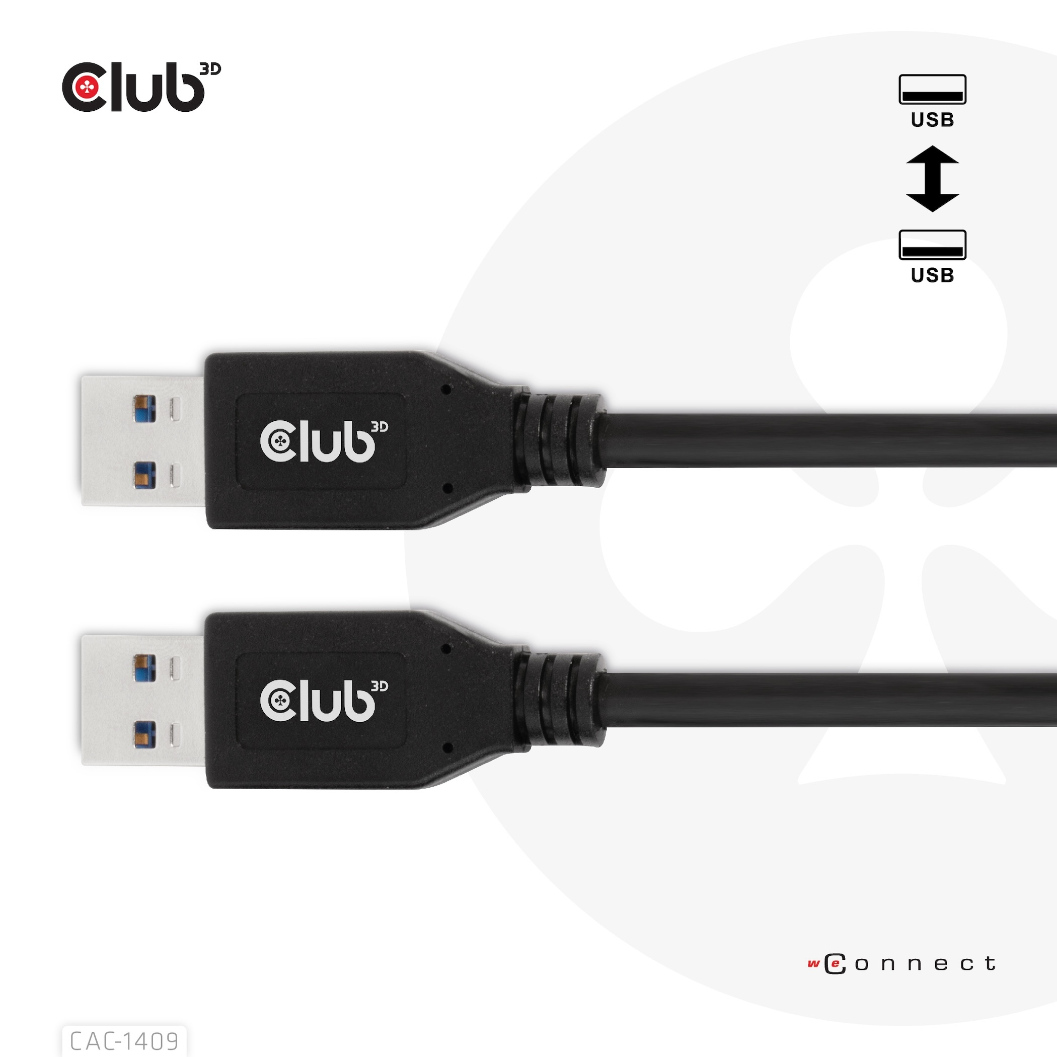 Due cavi USB neri con connettori USB-A. Logo Club 3D. Sfondo bianco.
