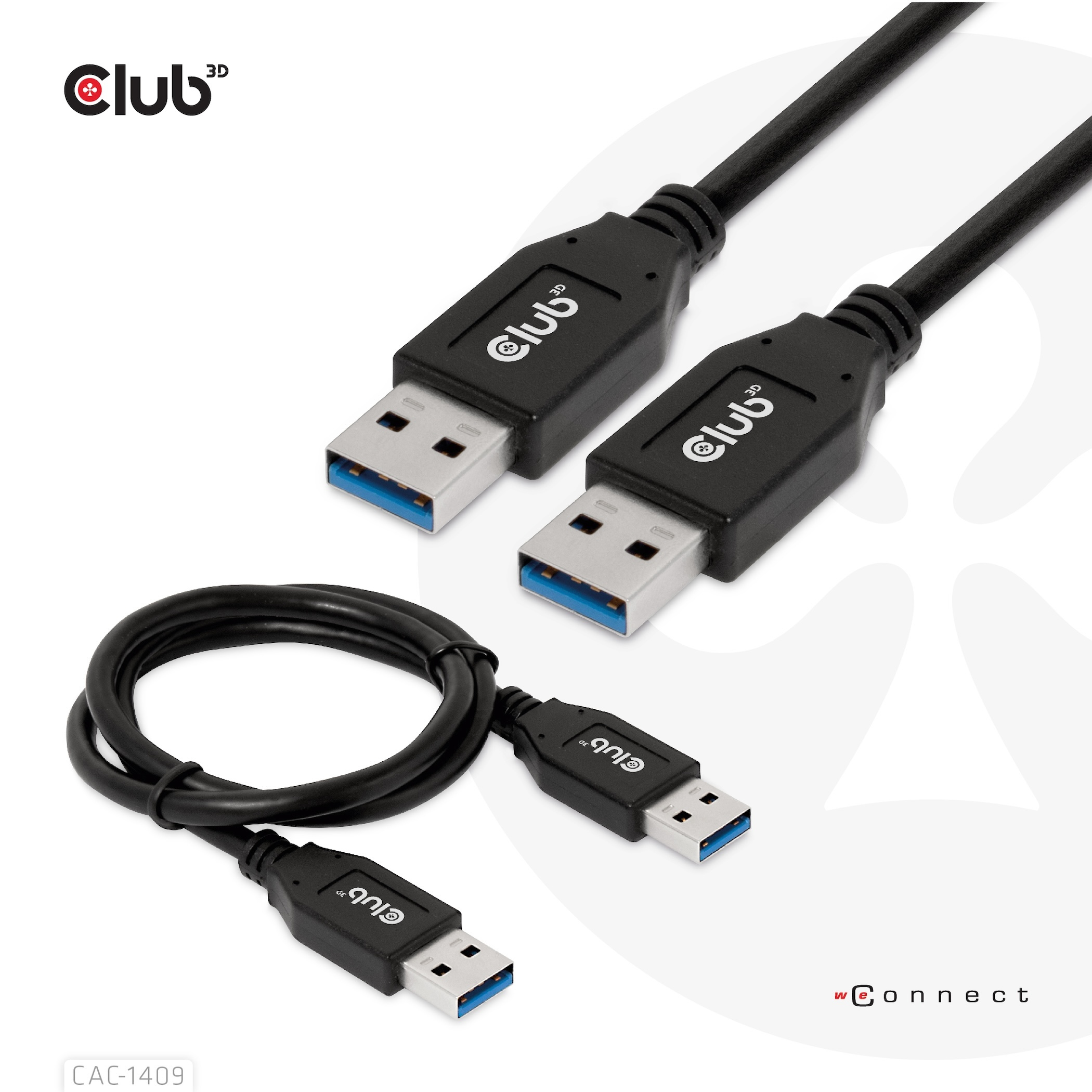 Tre cavi USB neri con connettori blu. Uno è arrotolato, gli altri due sono dritti.