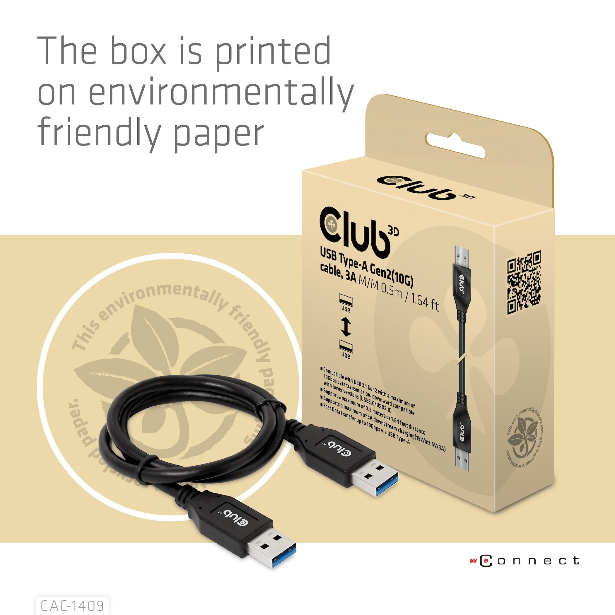 Cavo USB nero in una confezione. Testo sulla scatola: Cavo USB.