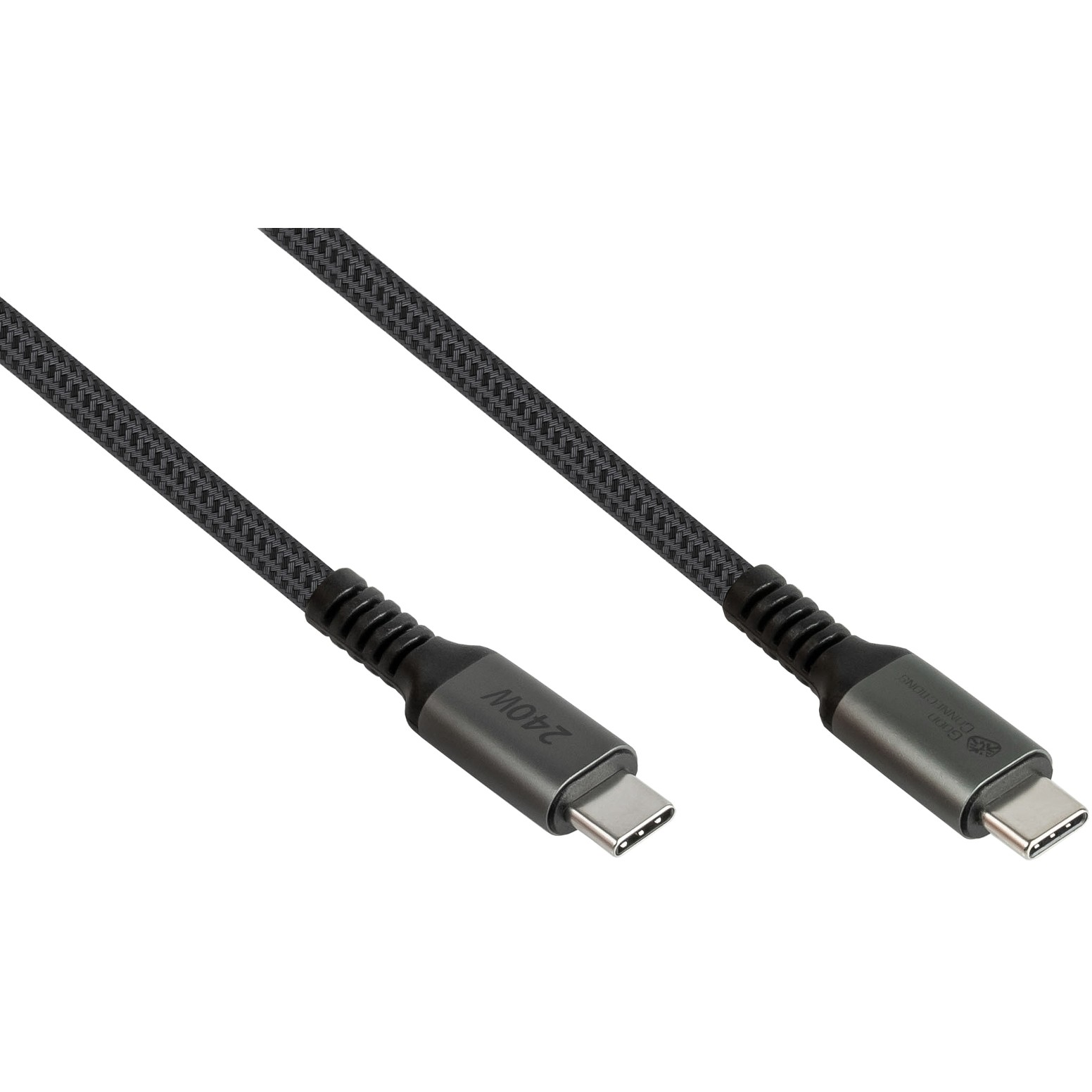 Cavo USB-C nero. Sfondo bianco.