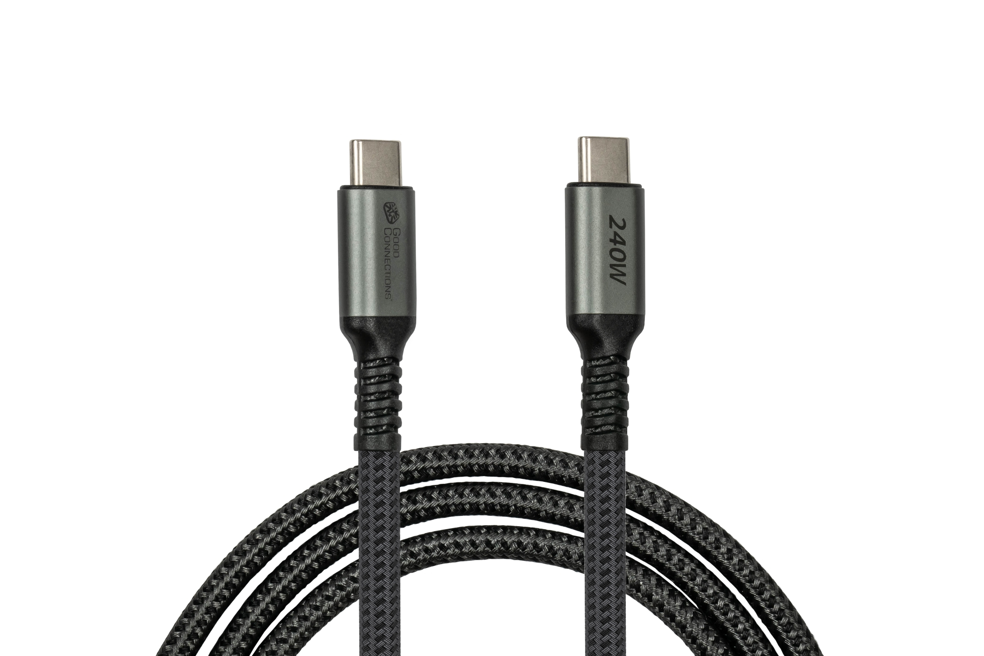 Cavo USB-C nero con testo '240W' sul connettore. Sfondo bianco.