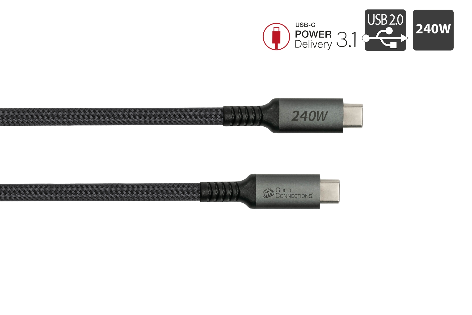 Cavi USB-C grigio scuro con etichette 240W e sfondo bianco, con icone USB 2.0 e 240W.