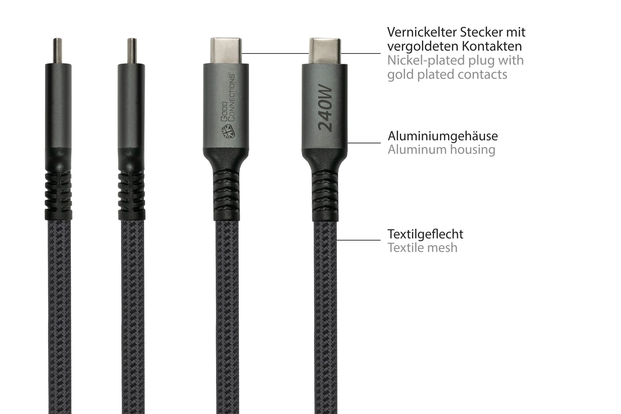 Primo piano di cavi USB neri con etichette: 'Alloggiamento in alluminio', 'Maglia tessile'.