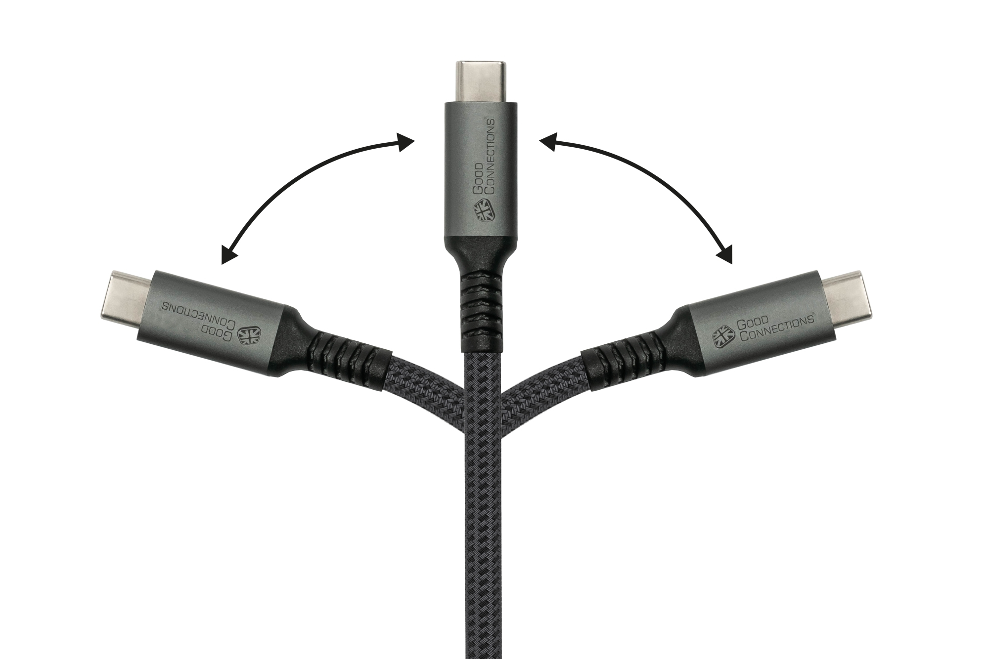 Tre cavi USB-C collegati a un punto centrale, frecce e sfondo bianco.