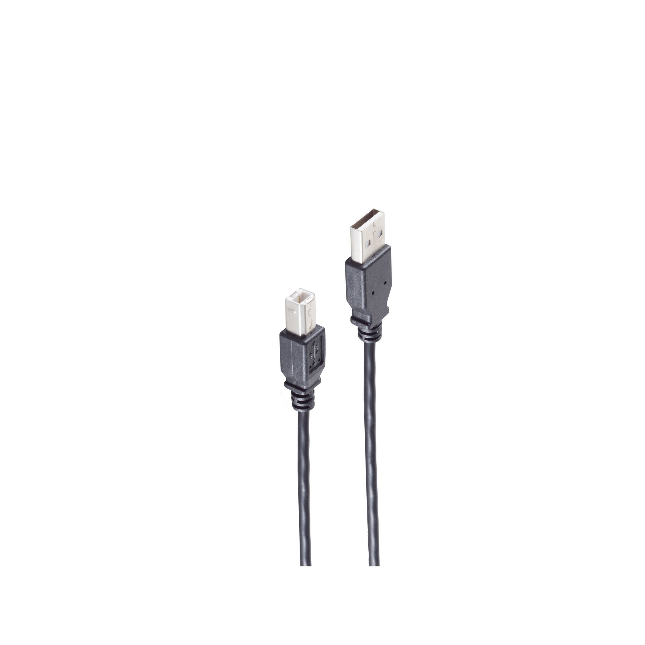 Cavo USB nero con connettore USB-B e connettore USB-A, su sfondo bianco.