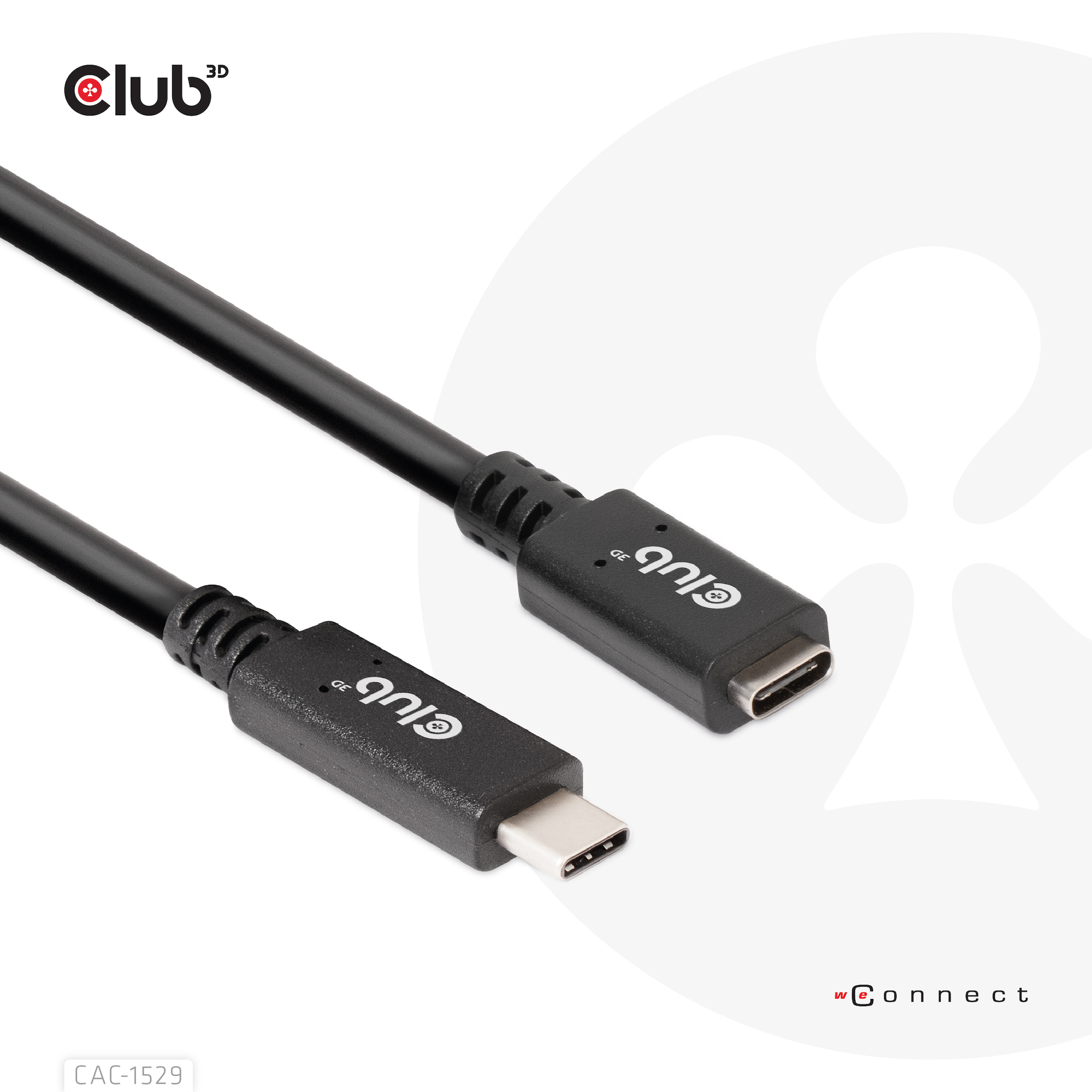 Cavi USB-C Club 3D neri. Sfondo bianco.