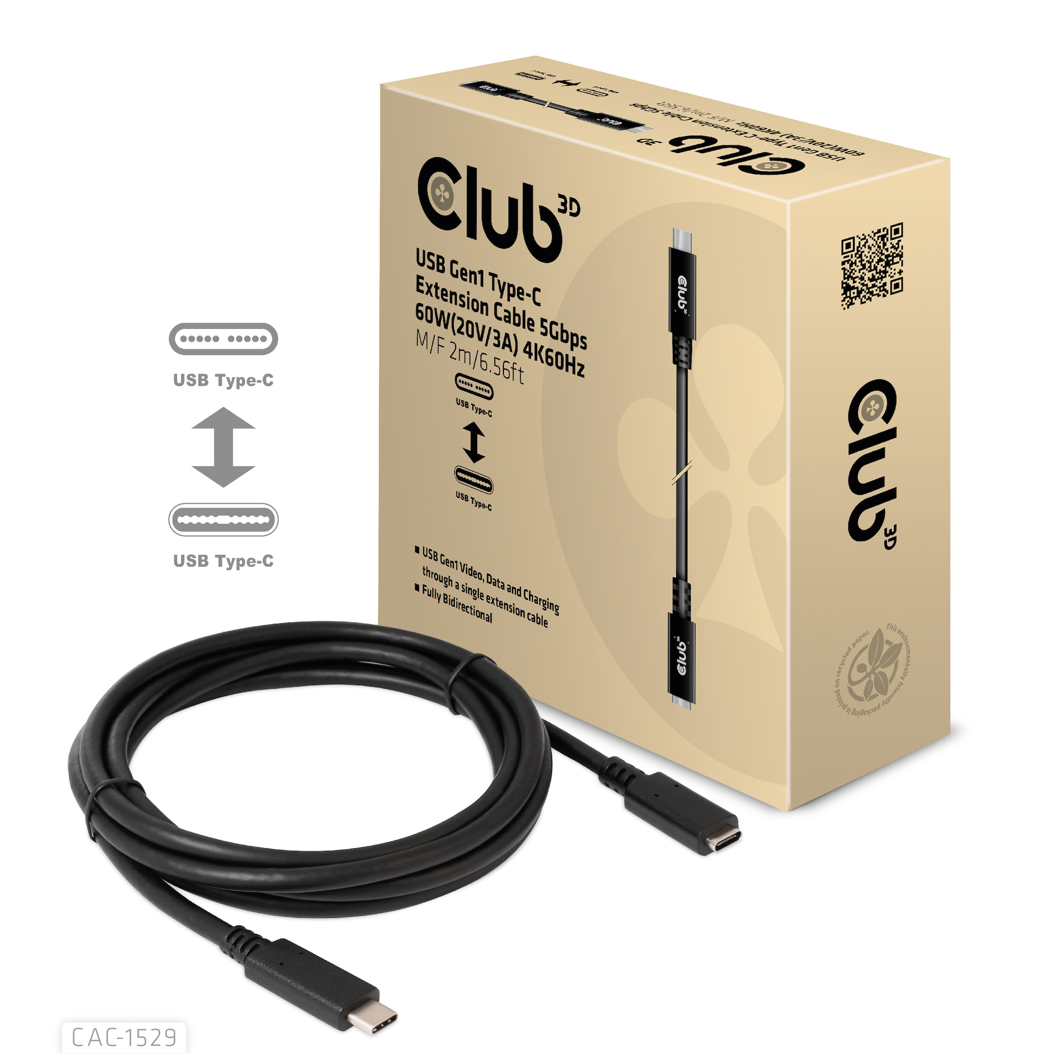 Cavo di prolunga USB Gen1 Type-C nero in una scatola. Marchio e specifiche Club 3D.