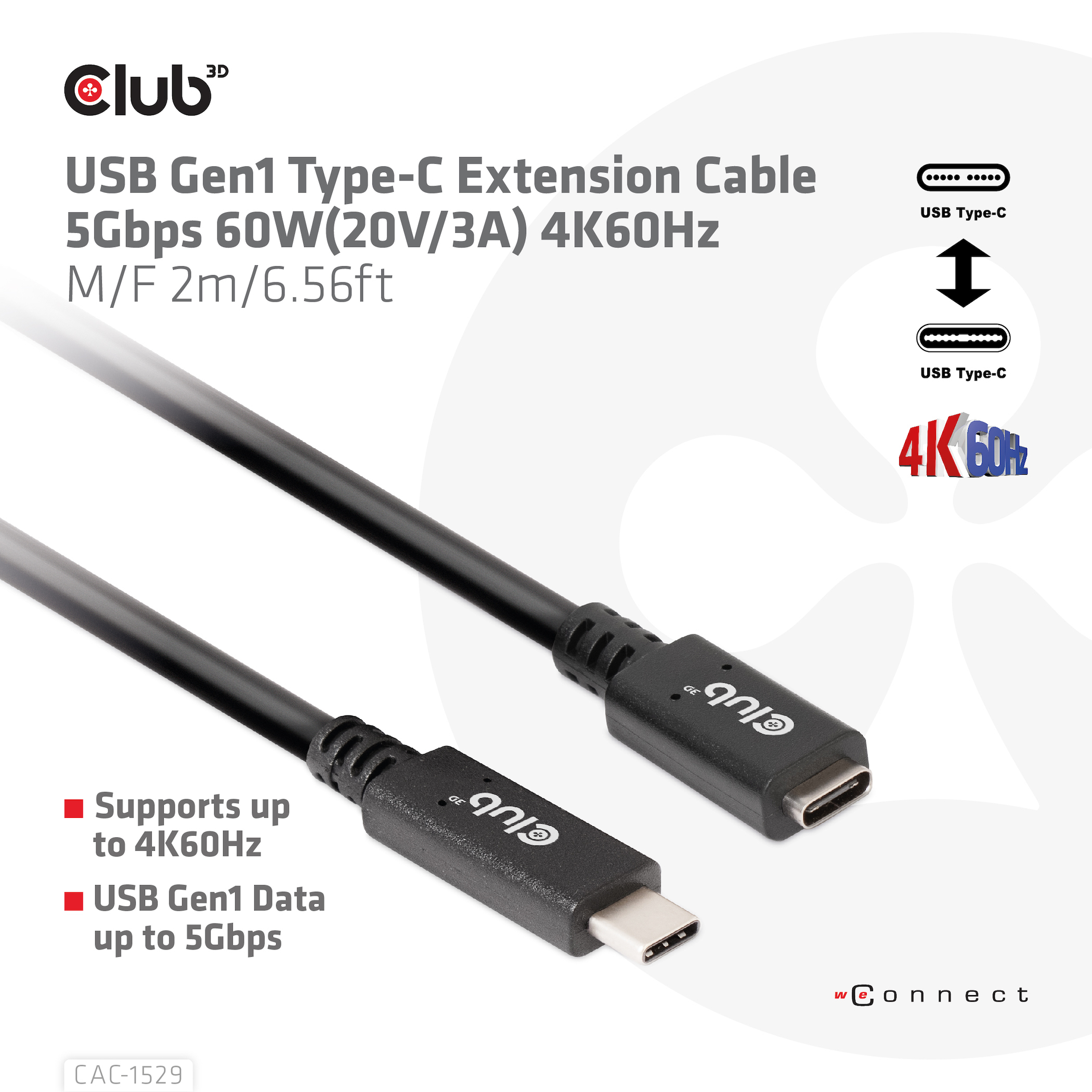 Cavo di prolunga USB-C nero, con testo. Su sfondo bianco.